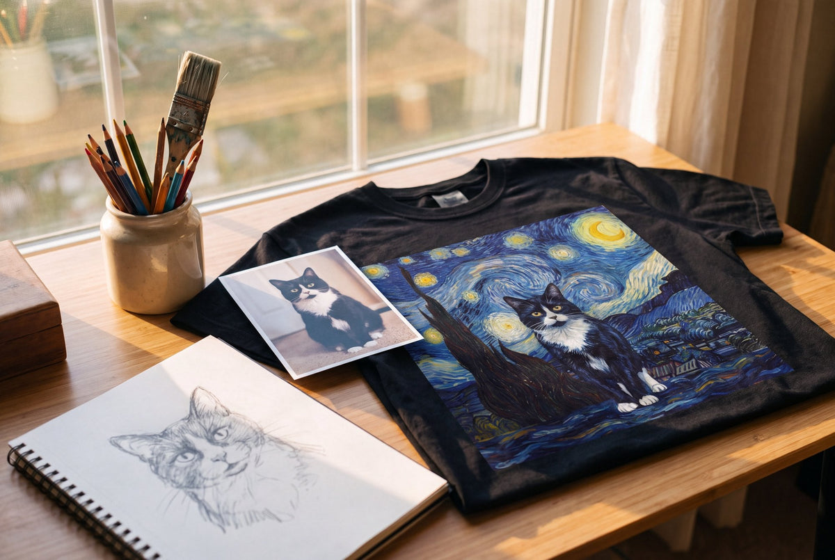 Personalized Starry Night cat portrait tee next to the photo of the cat it was drawn from