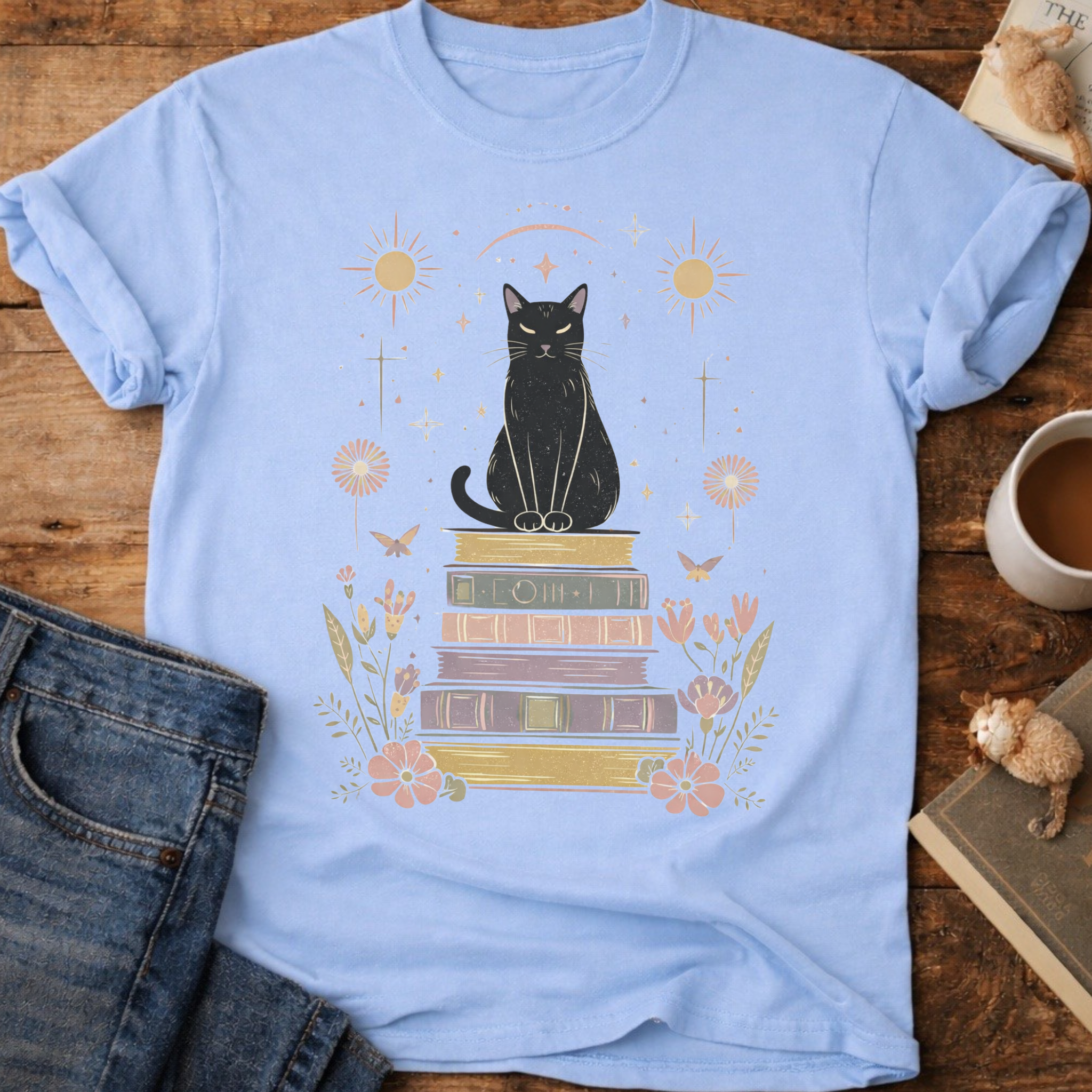 Mystic Cat on Books T-Shirt