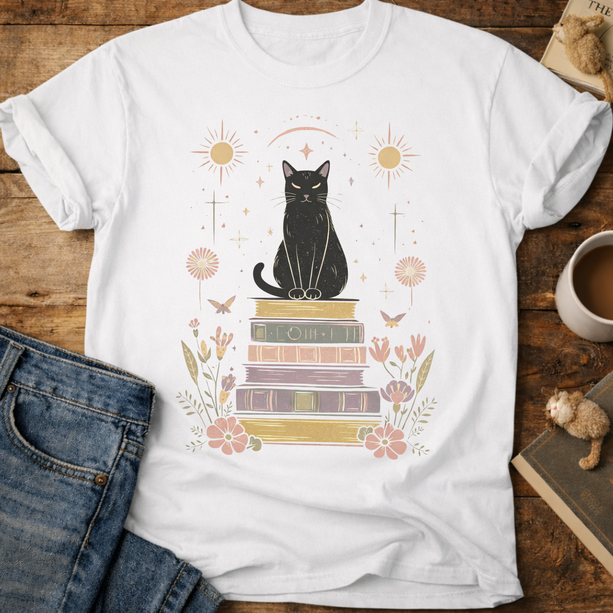 Mystic Cat on Books T-Shirt
