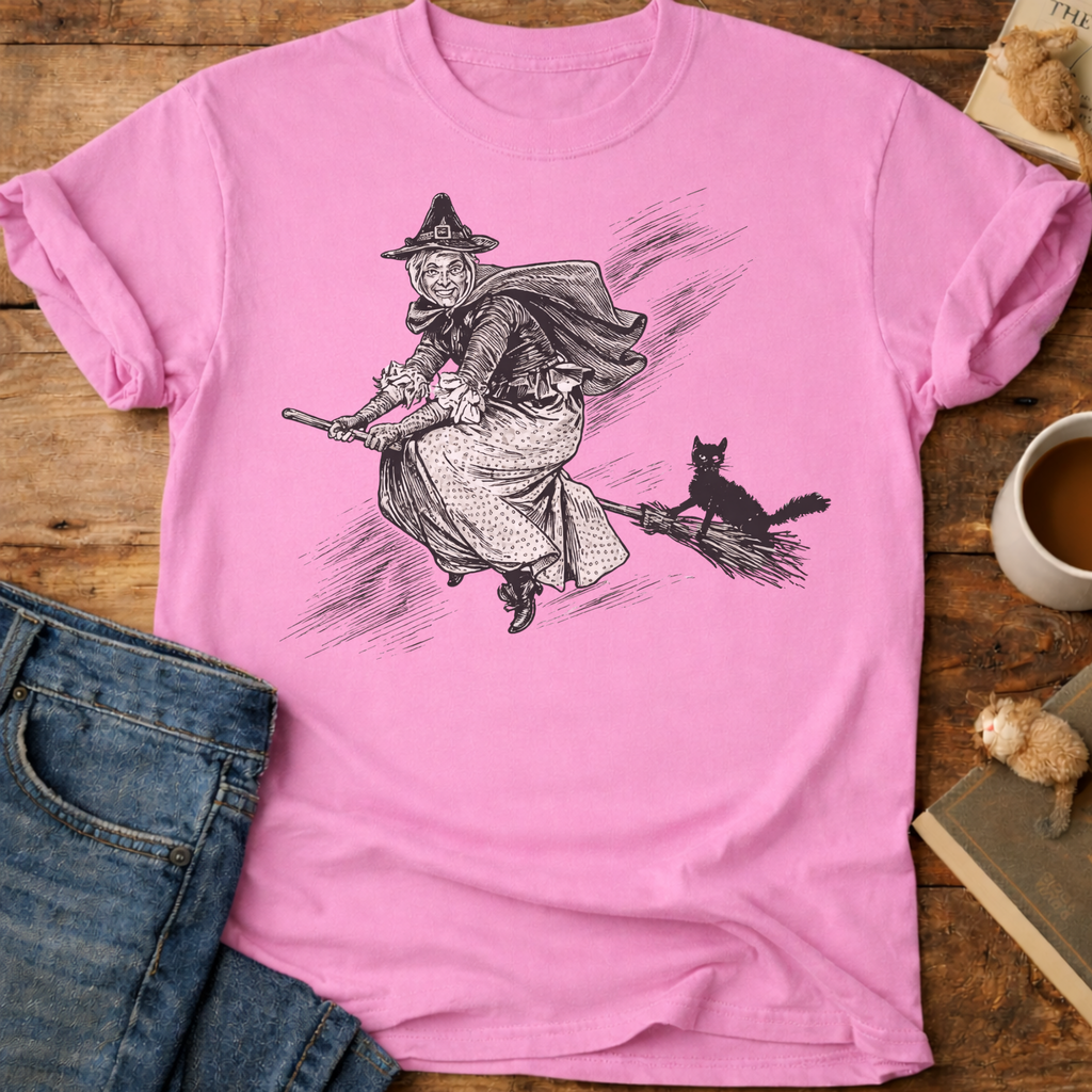 Witch on Broomstick With Cat T-Shirt