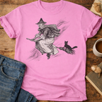 Witch on Broomstick With Cat T-Shirt