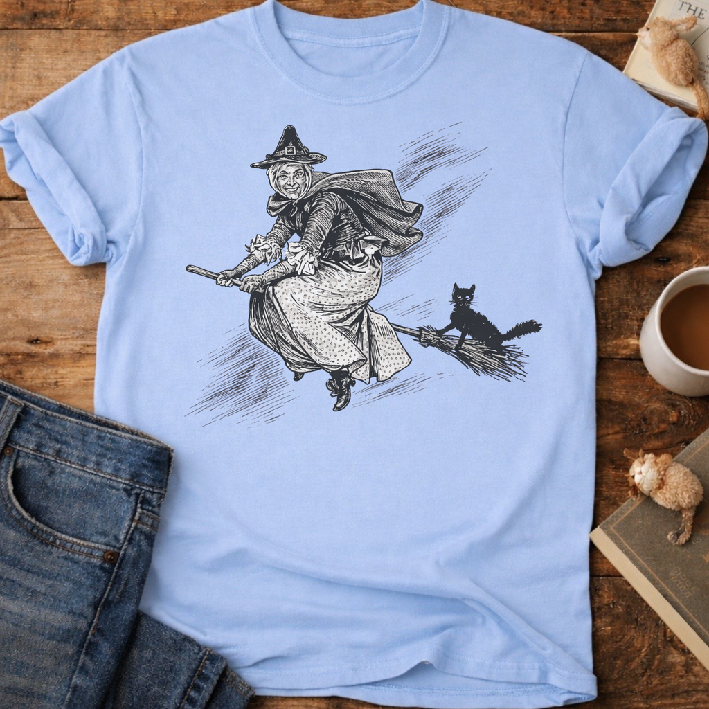Witch on Broomstick With Cat T-Shirt