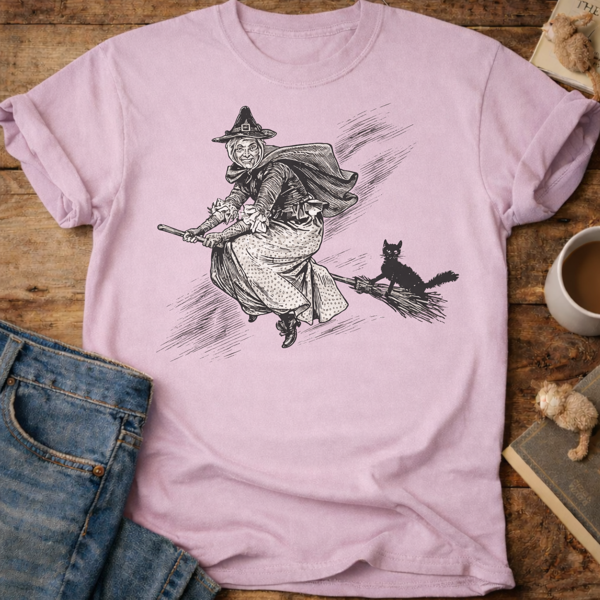 Witch on Broomstick With Cat T-Shirt