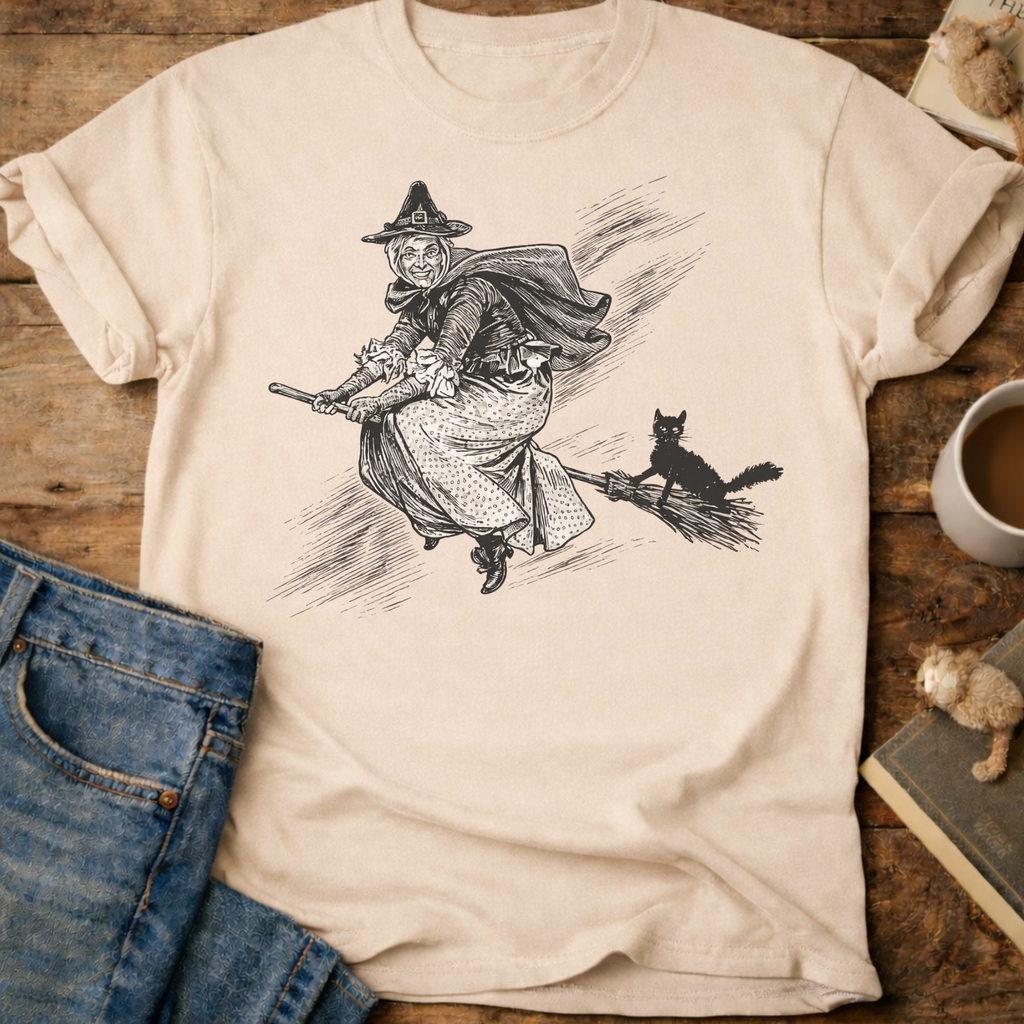Witch on Broomstick With Cat T-Shirt