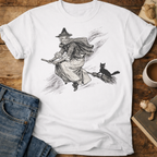 Witch on Broomstick With Cat T-Shirt