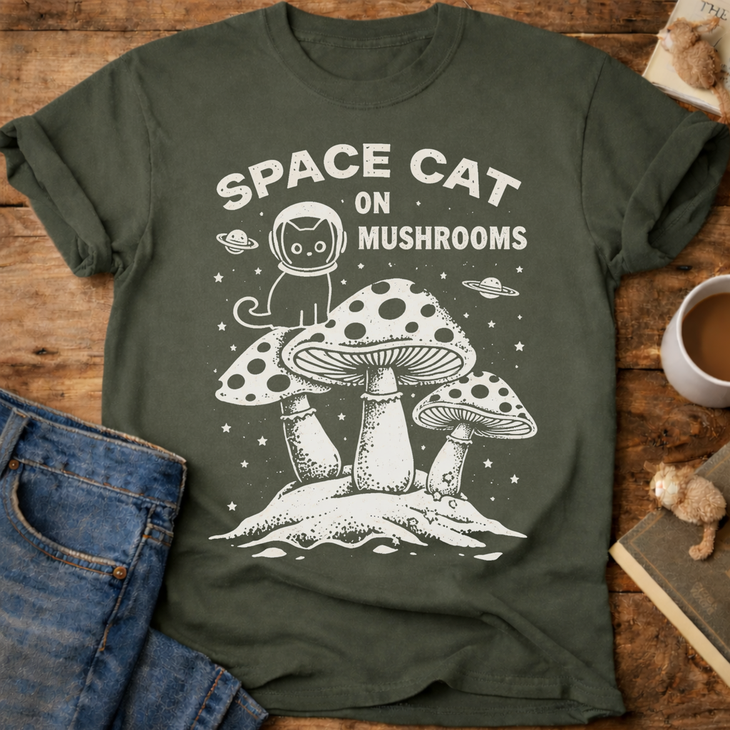 Space Cat on Mushrooms T-Shirt