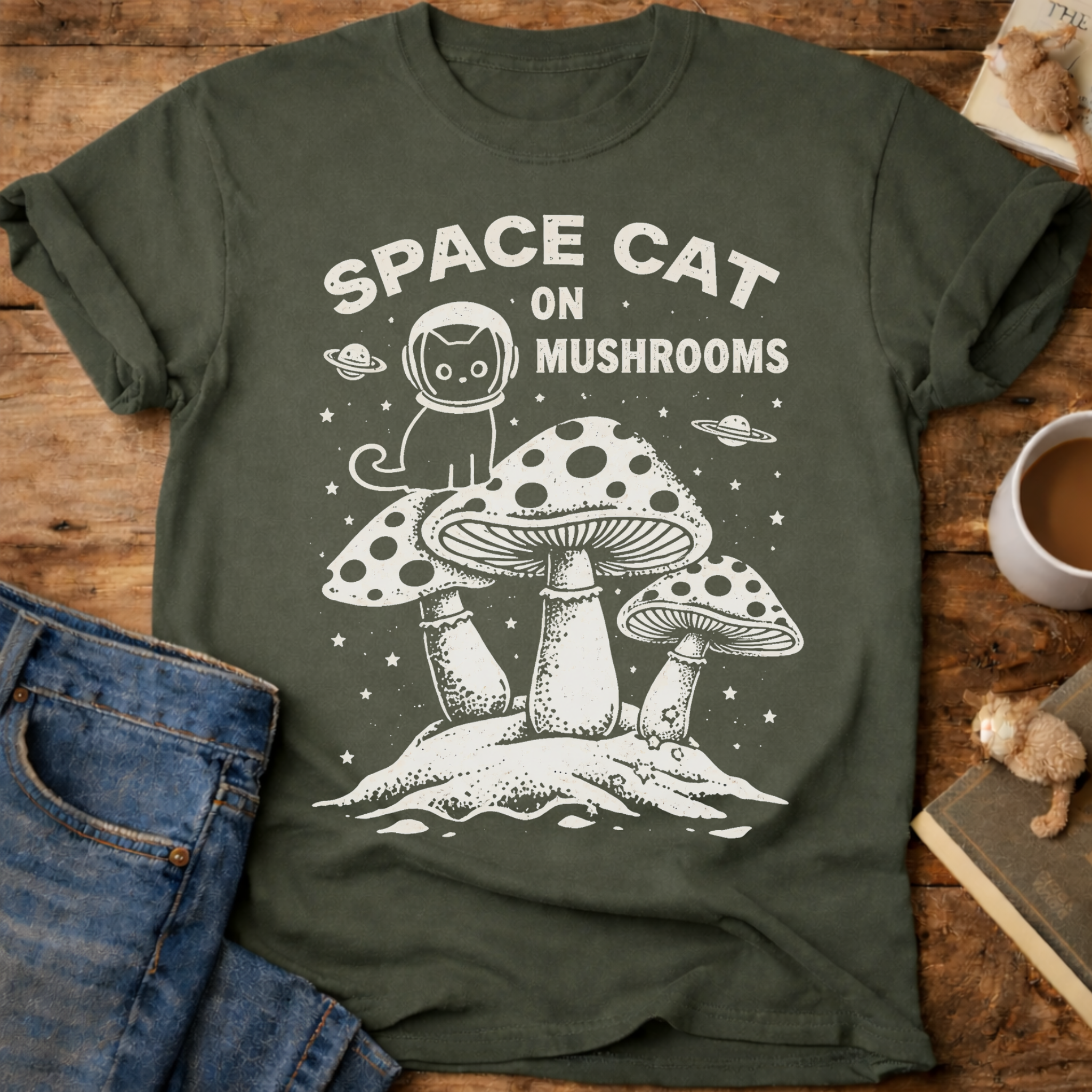 Space Cat on Mushrooms T-Shirt