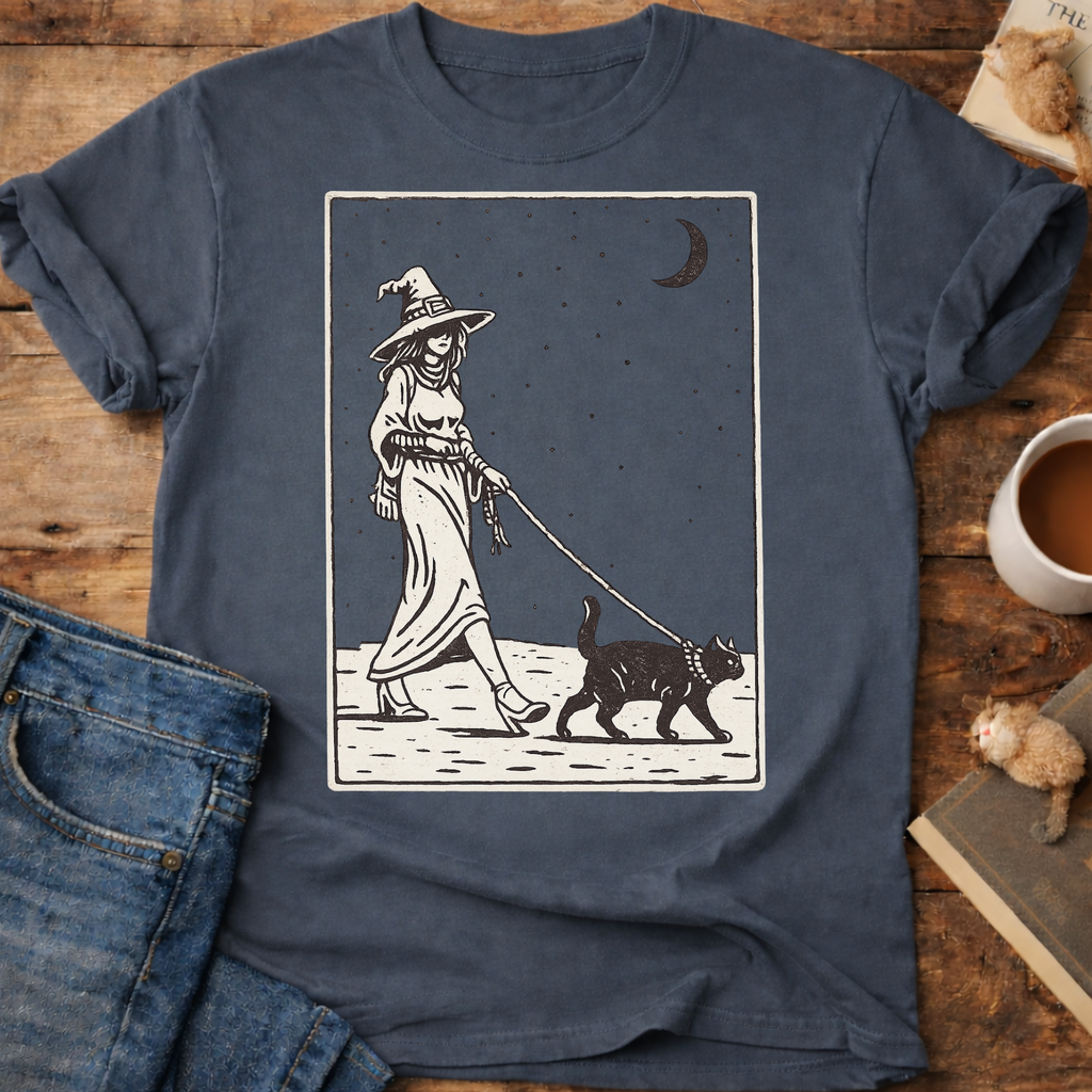 Witch Walking Black Cat T-Shirt