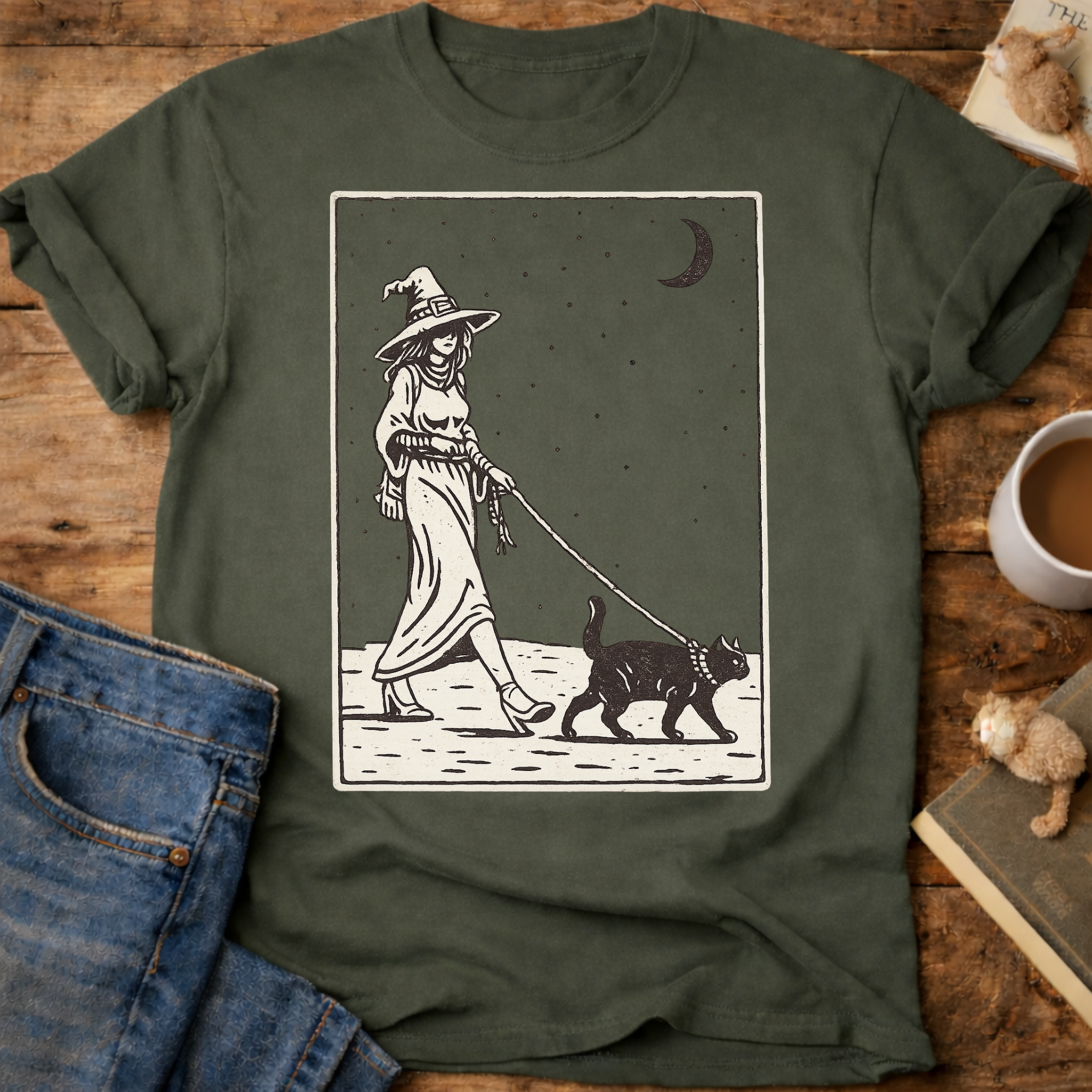Witch Walking Black Cat T-Shirt