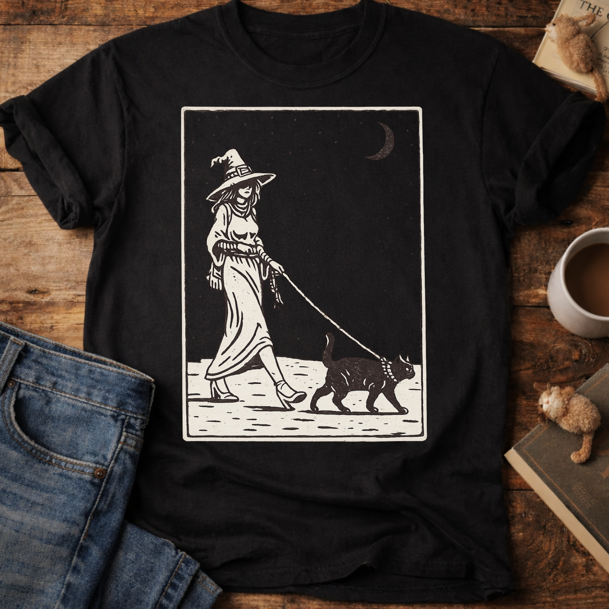 Witch Walking Black Cat T-Shirt