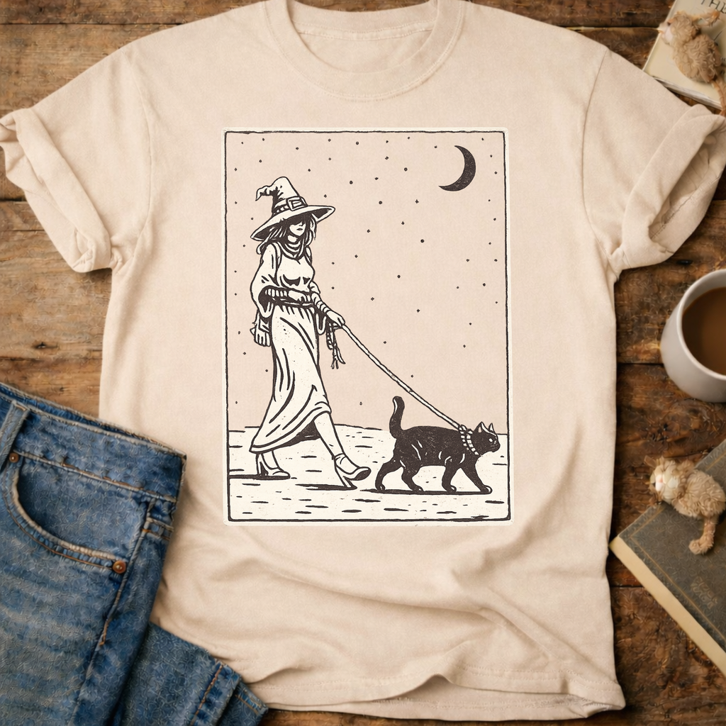 Witch Walking Black Cat T-Shirt