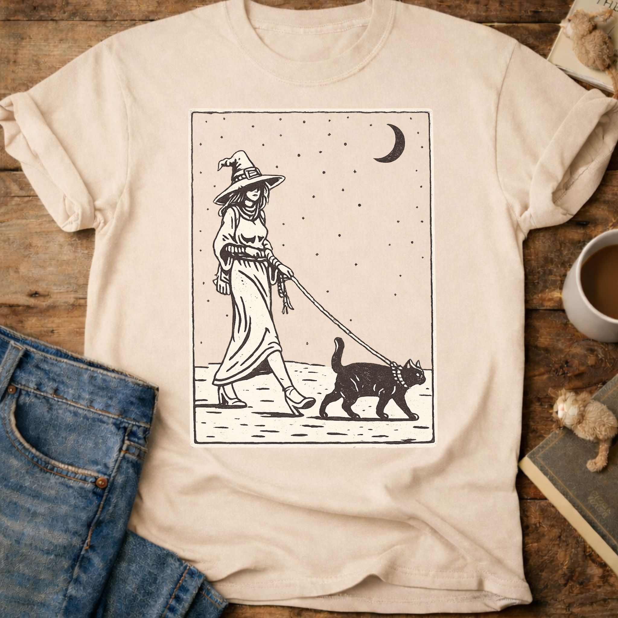 Witch Walking Black Cat T-Shirt