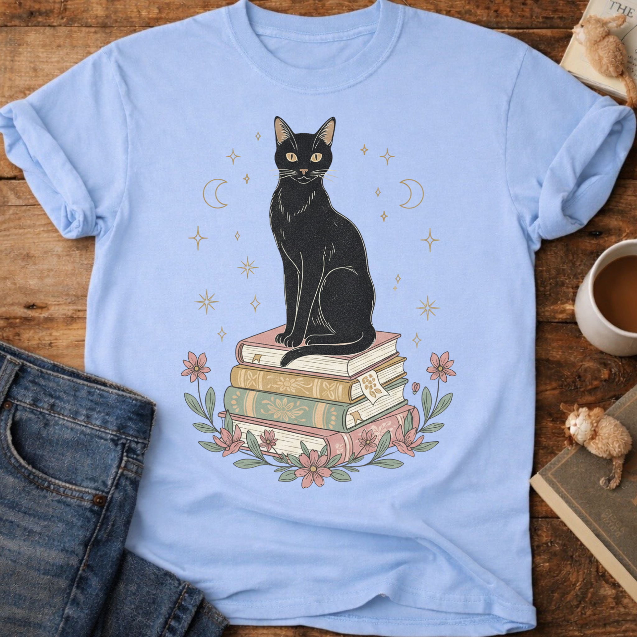 Black Cat on Books T-Shirt