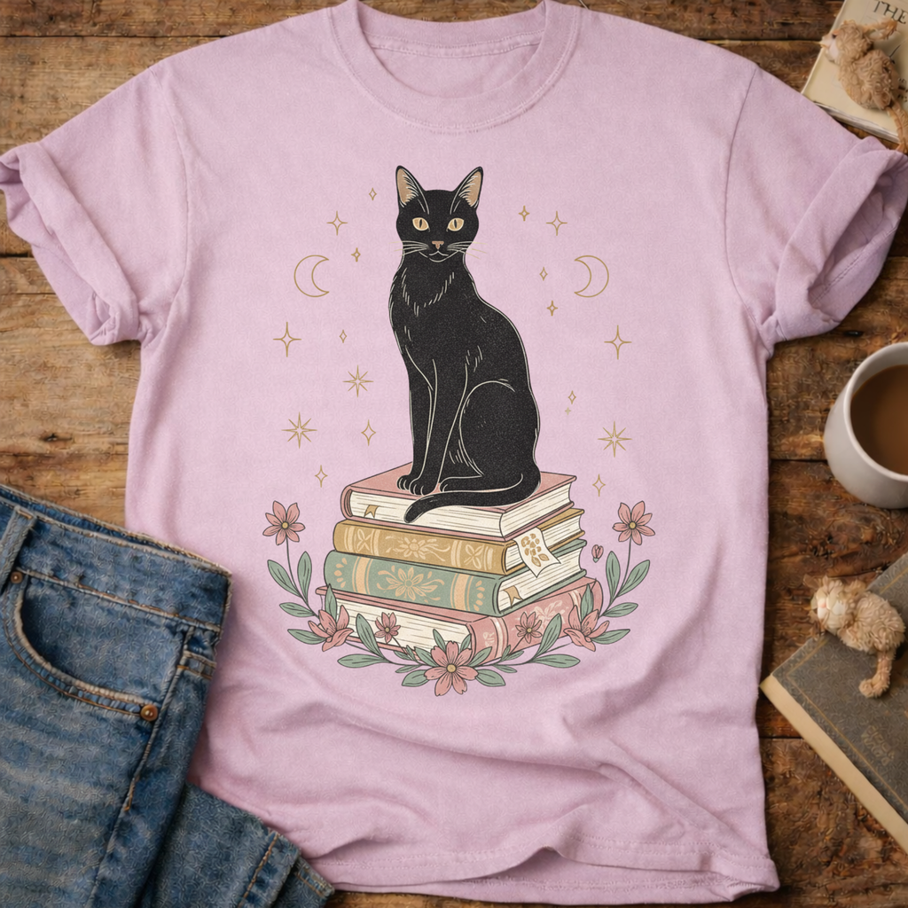 Black Cat on Books T-Shirt