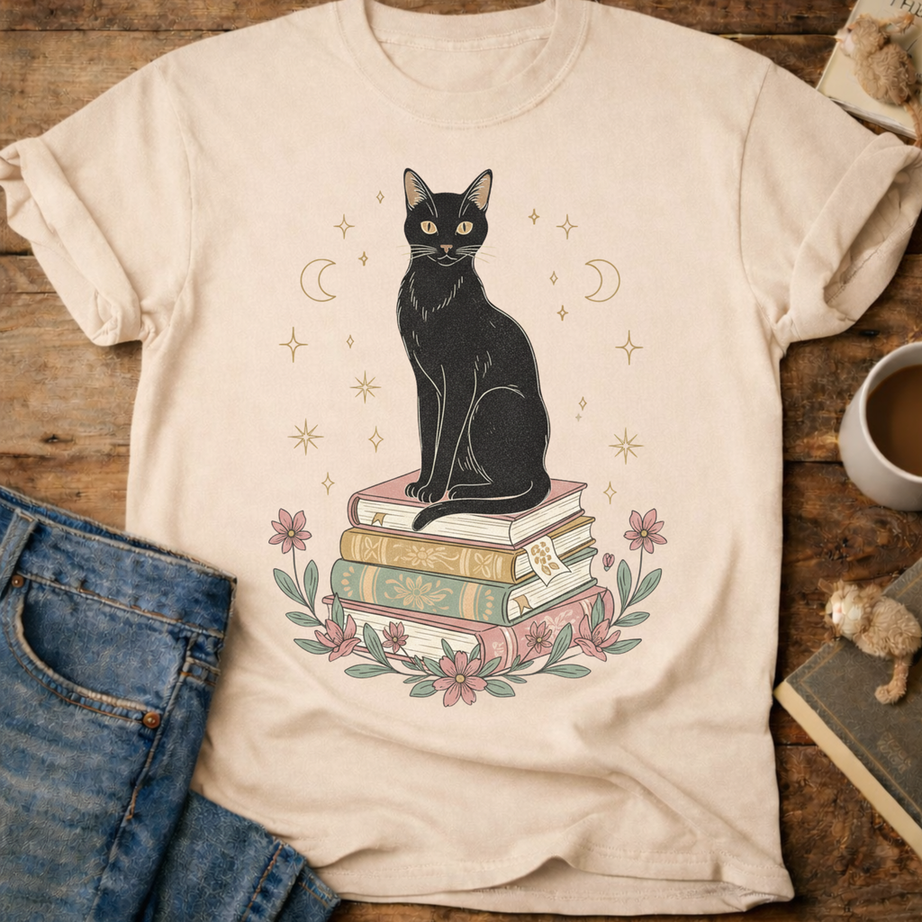 Black Cat on Books T-Shirt