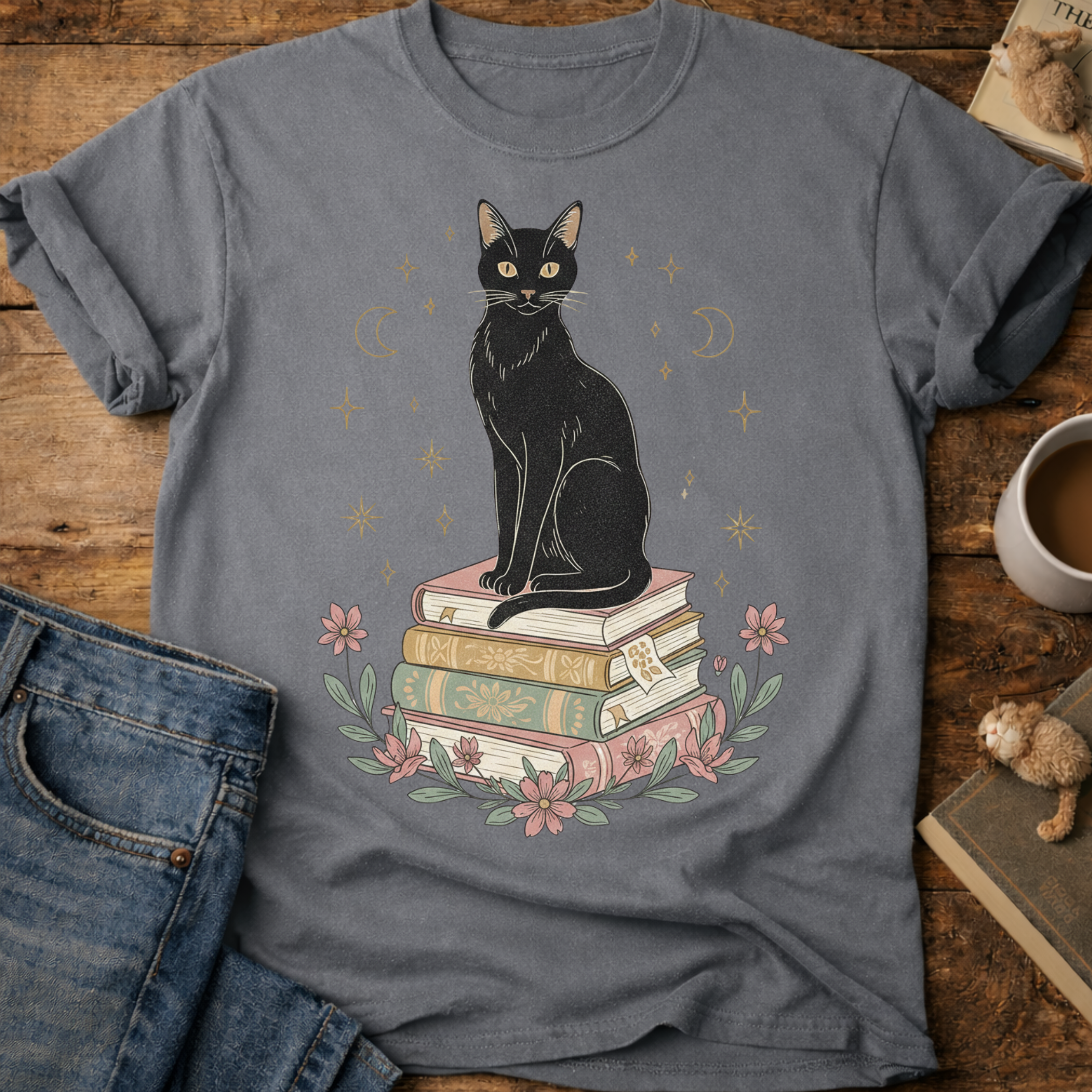 Black Cat on Books T-Shirt