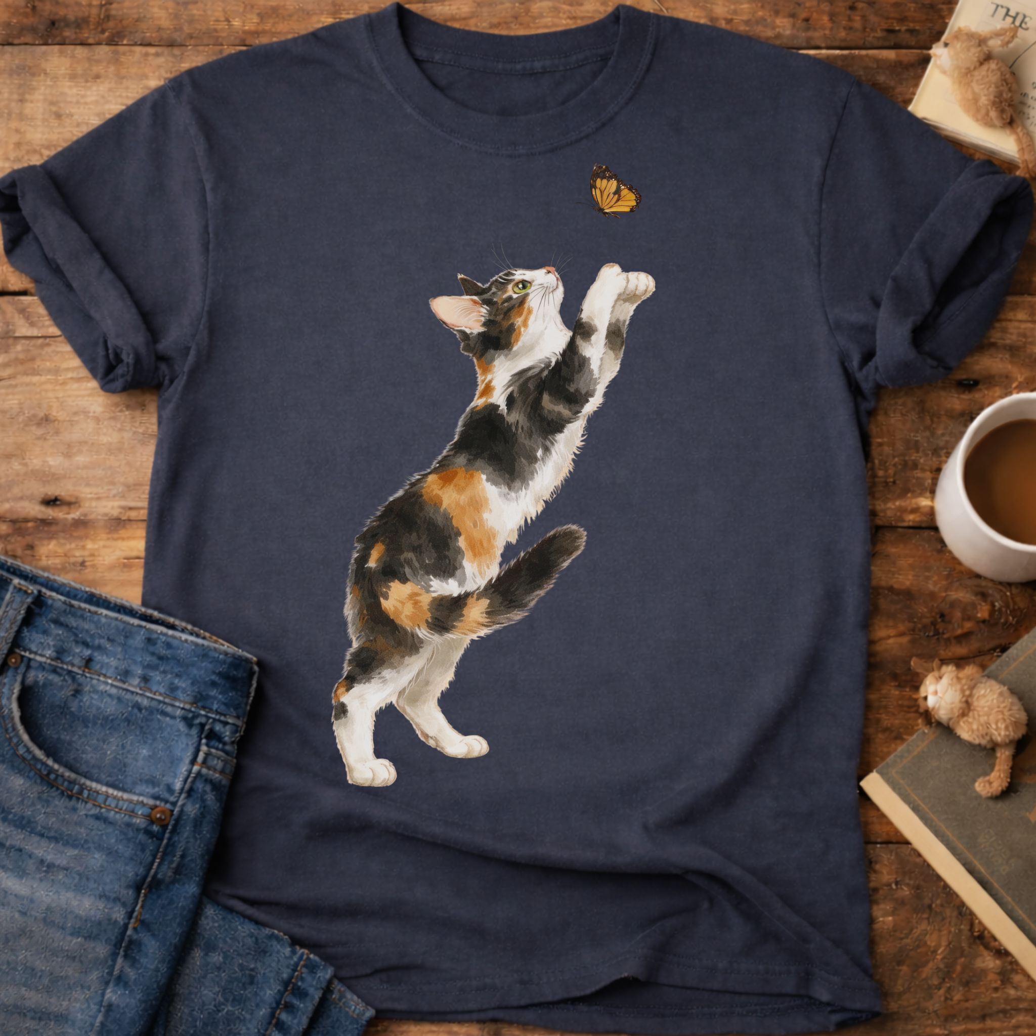 Playful Calico Cat & Butterfly T-Shirt