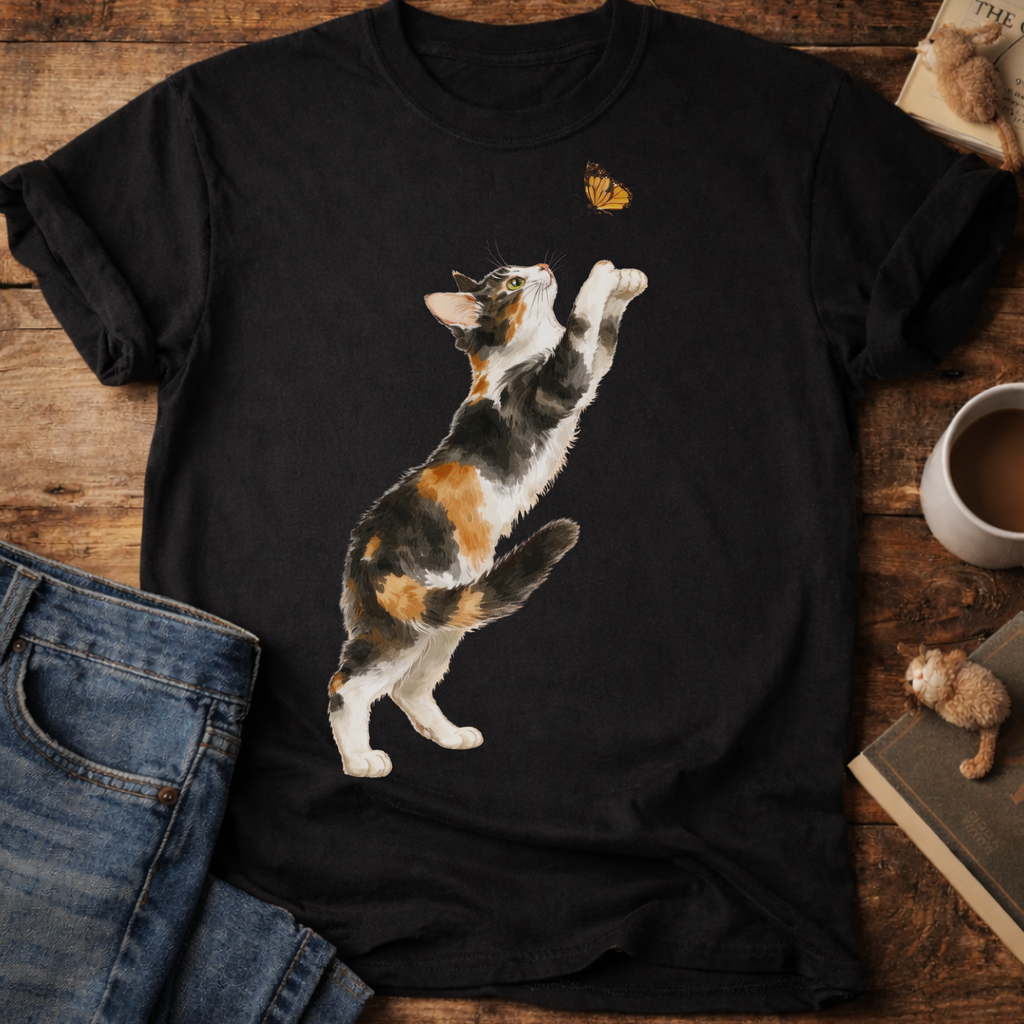 Playful Calico Cat & Butterfly T-Shirt