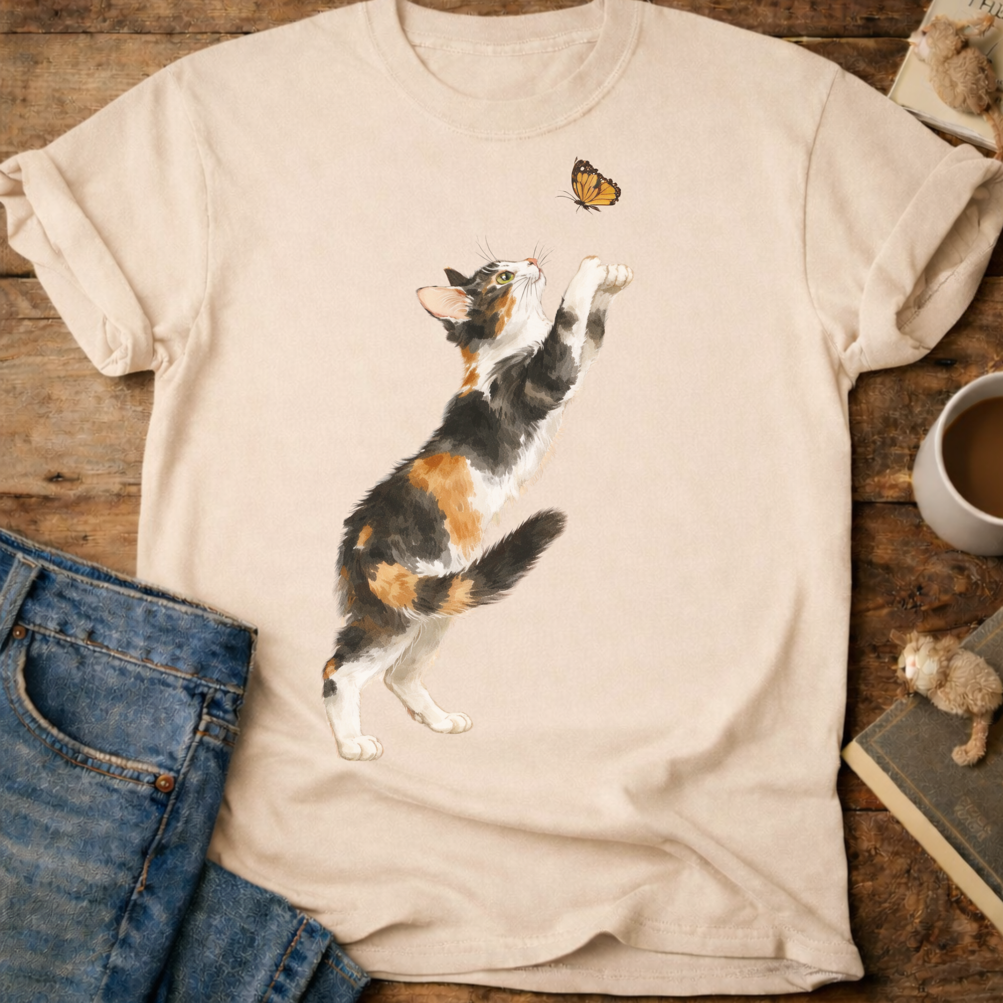 Playful Calico Cat & Butterfly T-Shirt