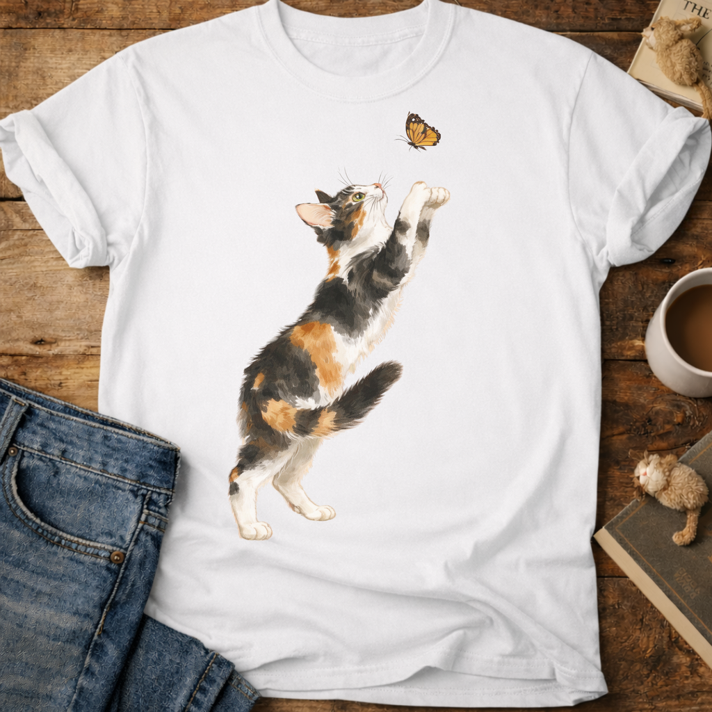 Playful Calico Cat & Butterfly T-Shirt