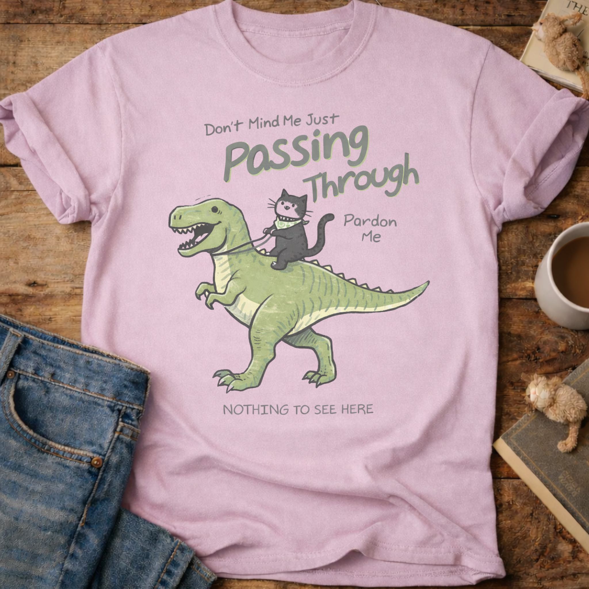 Cat Riding Dinosaur T‑Shirt