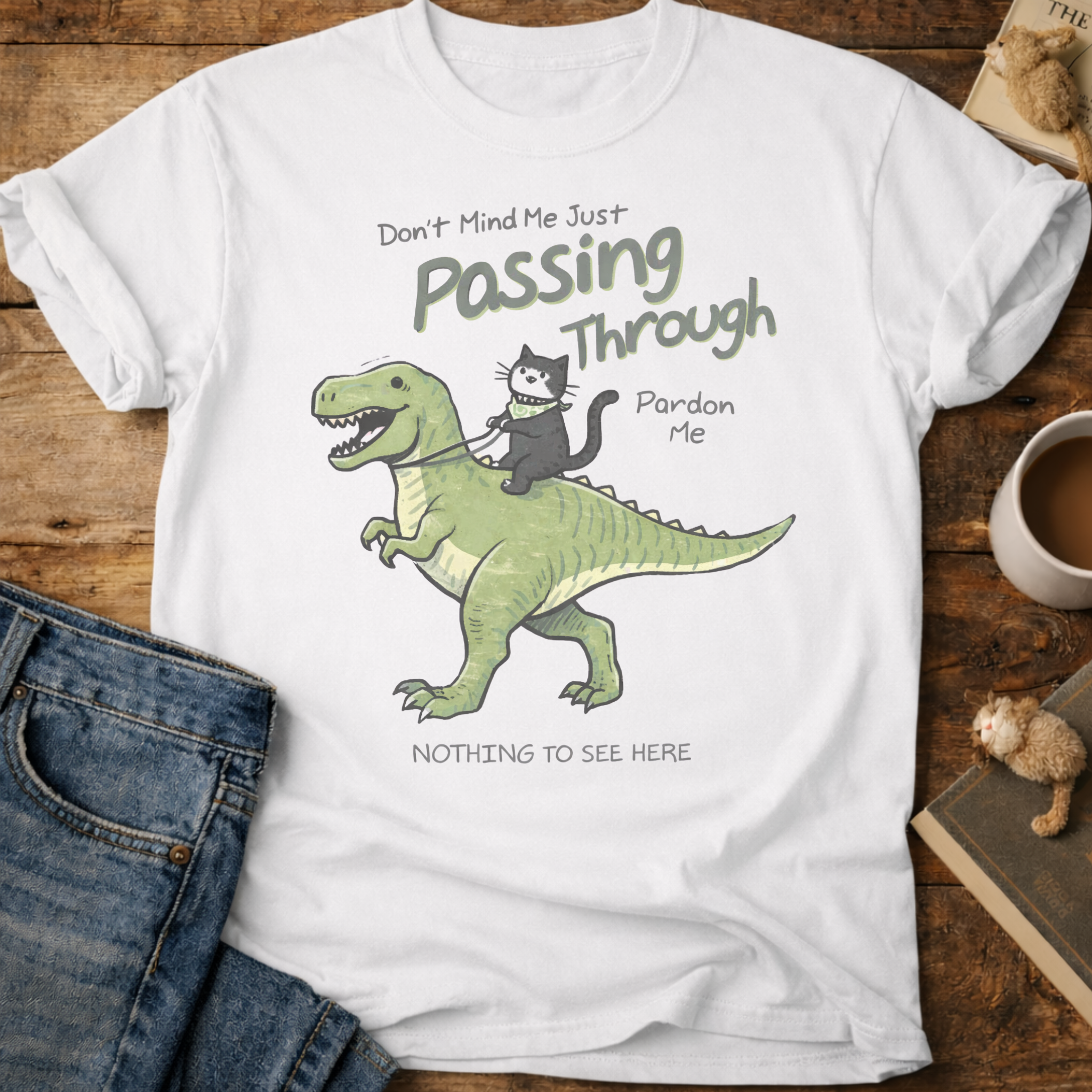 Cat Riding Dinosaur T‑Shirt