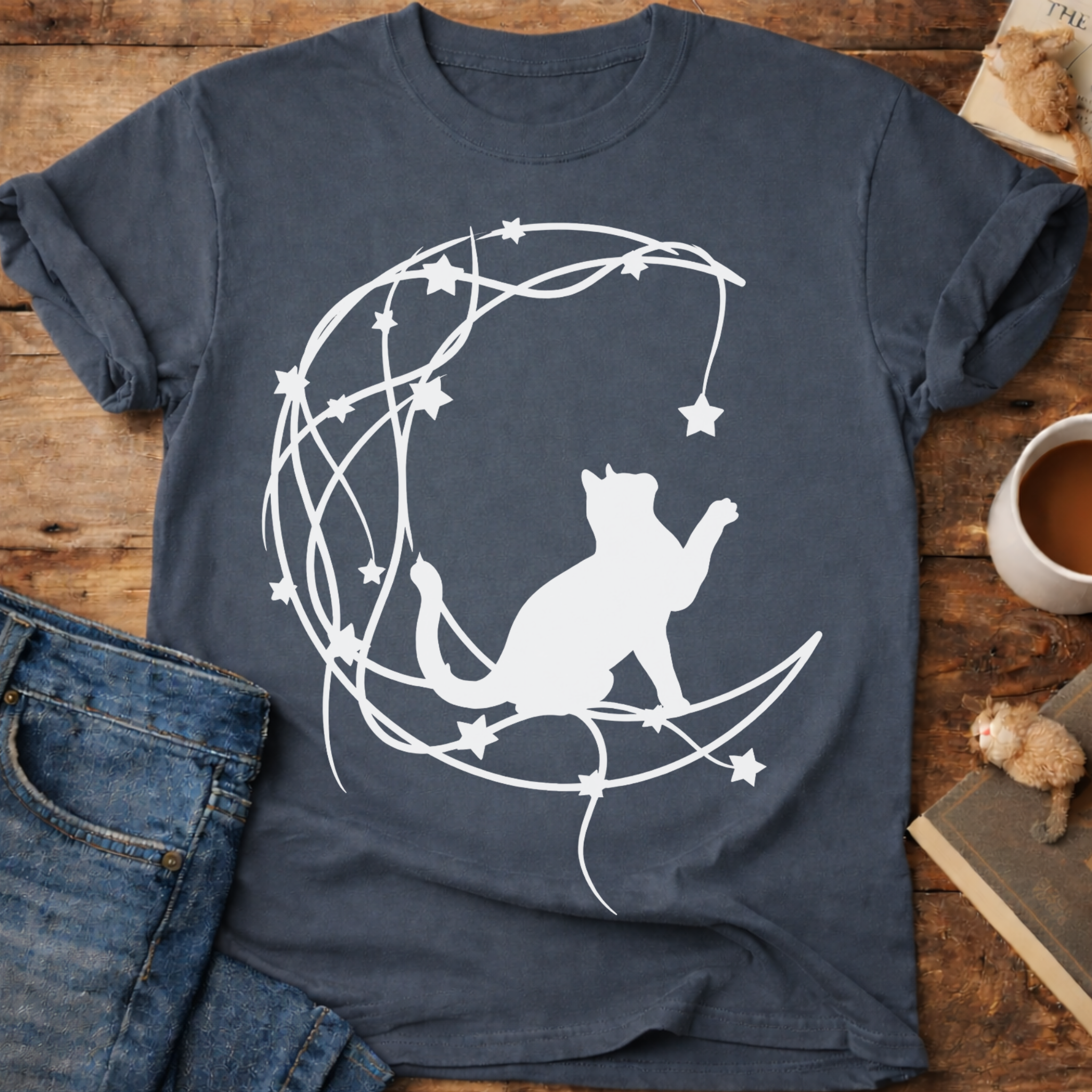 Cat on Crescent Moon T‑Shirt