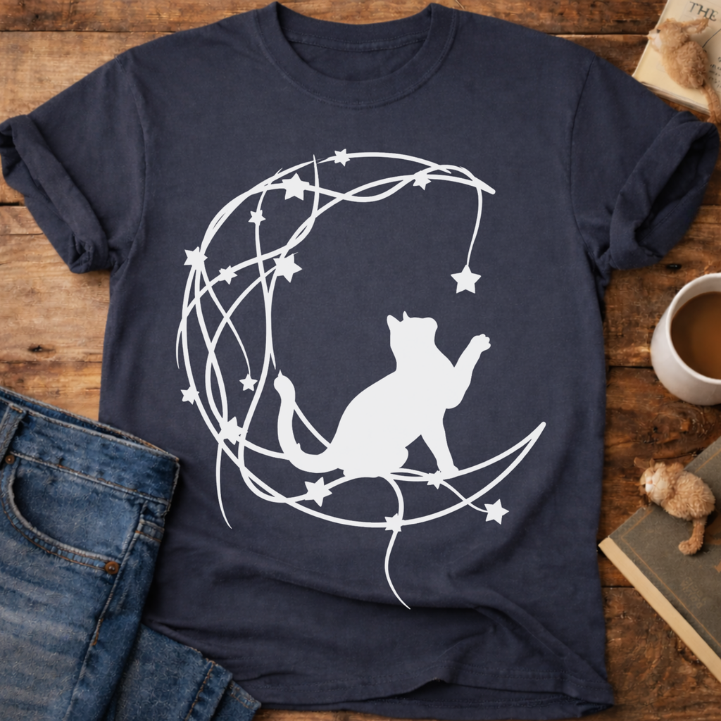 Cat on Crescent Moon T‑Shirt