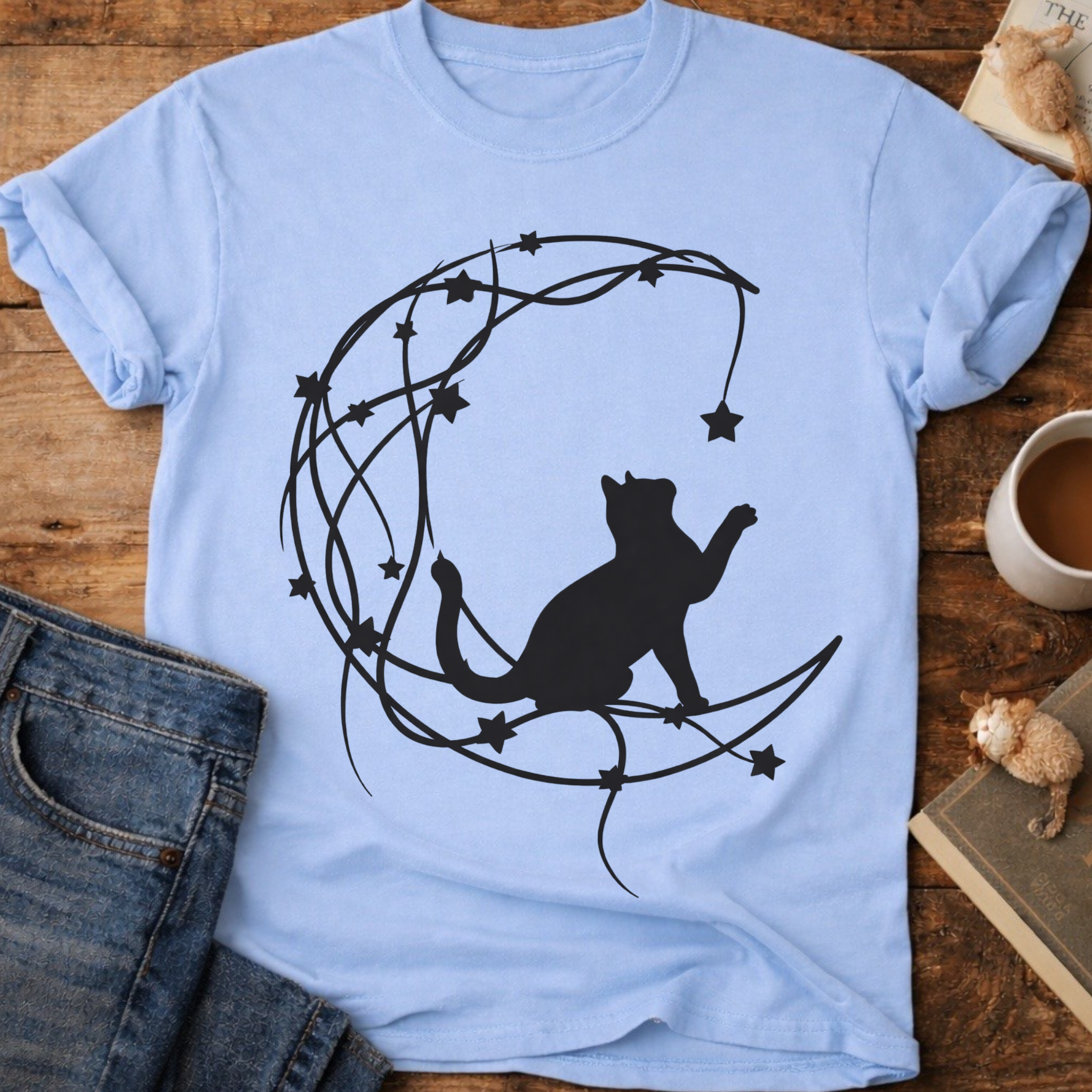Cat on Crescent Moon T‑Shirt