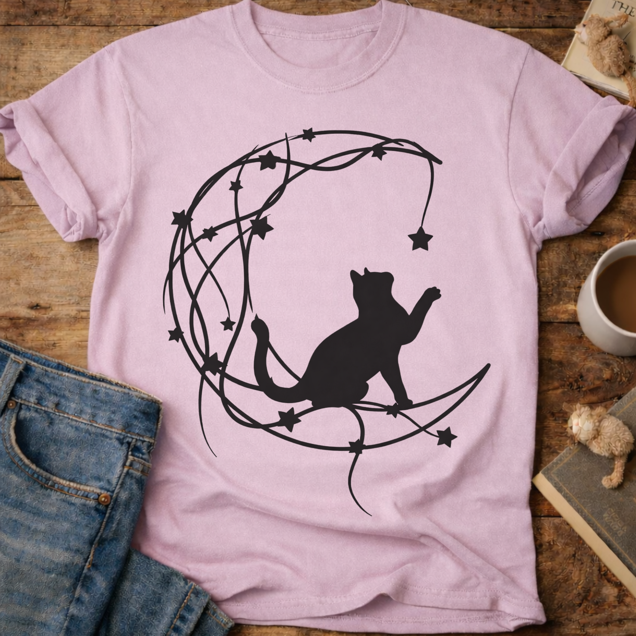 Cat on Crescent Moon T‑Shirt