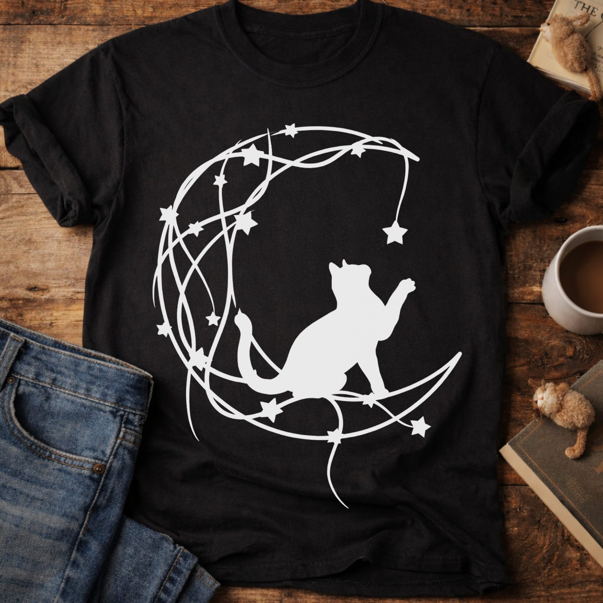Cat on Crescent Moon T‑Shirt