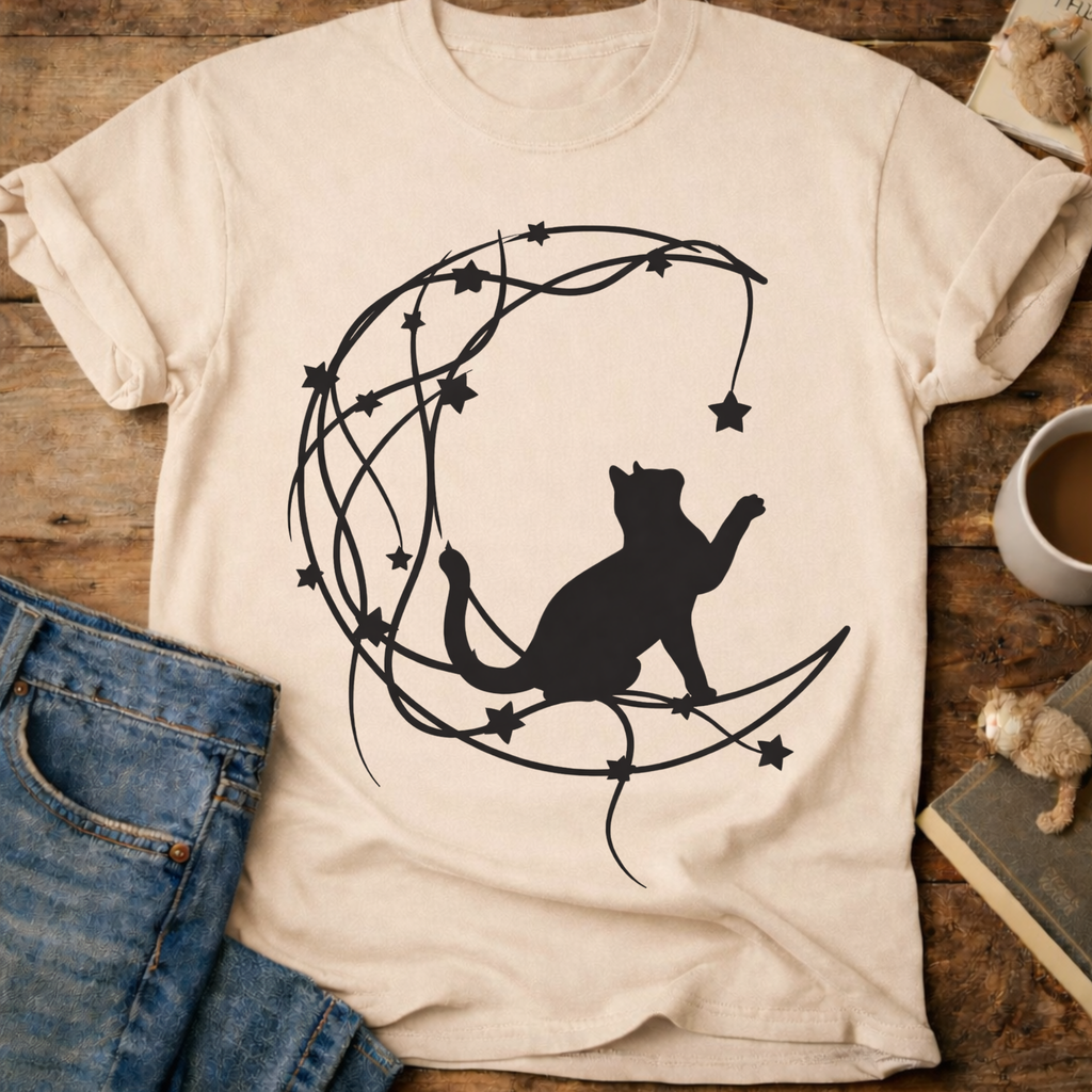 Cat on Crescent Moon T‑Shirt