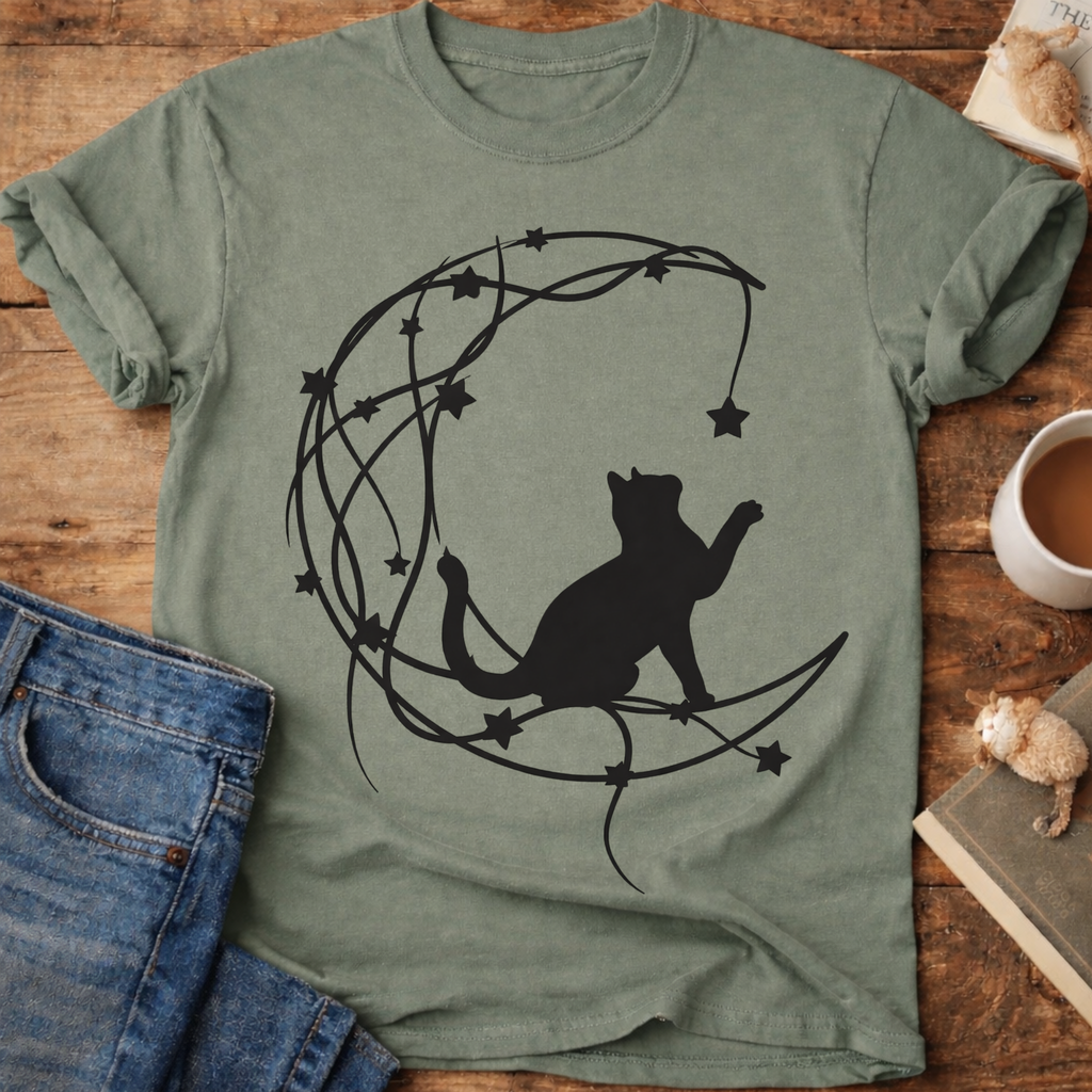 Cat on Crescent Moon T‑Shirt