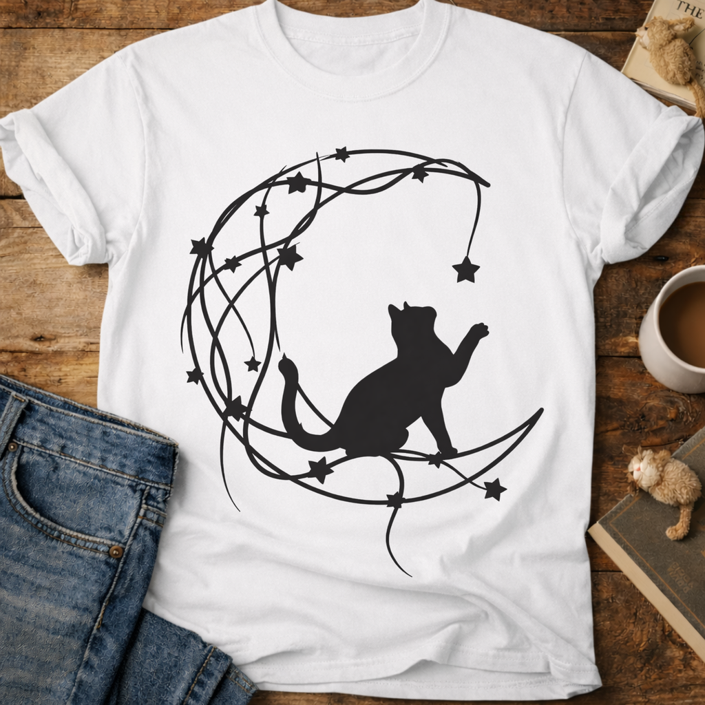Cat on Crescent Moon T‑Shirt