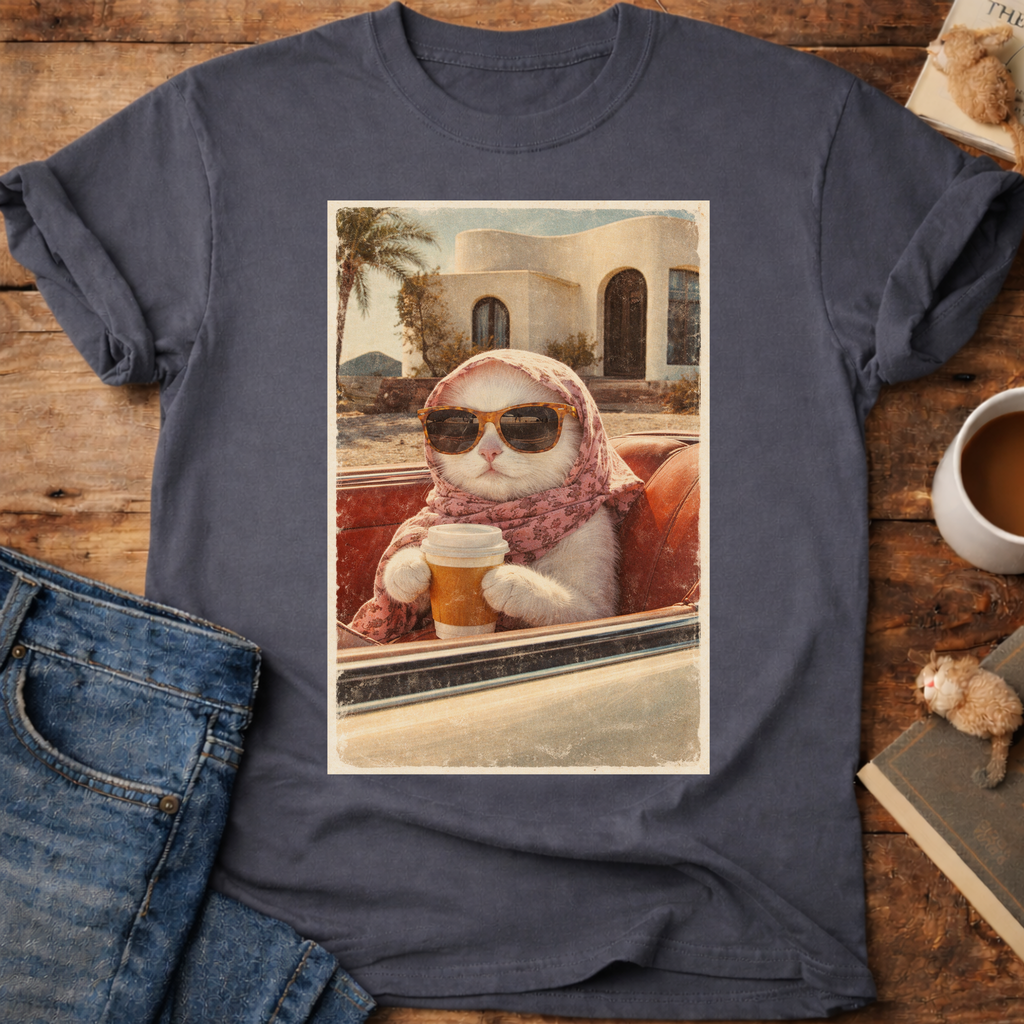Cat Drinking Coffee Vintage T-Shirt