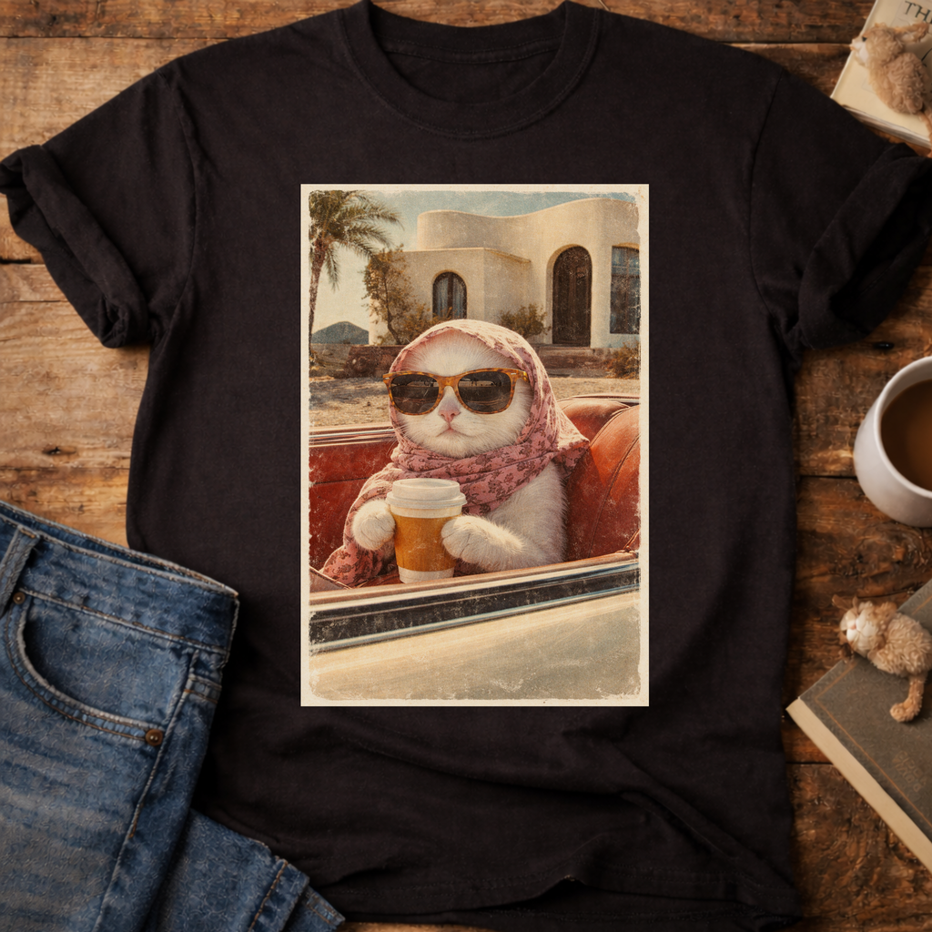 Cat Drinking Coffee Vintage T-Shirt