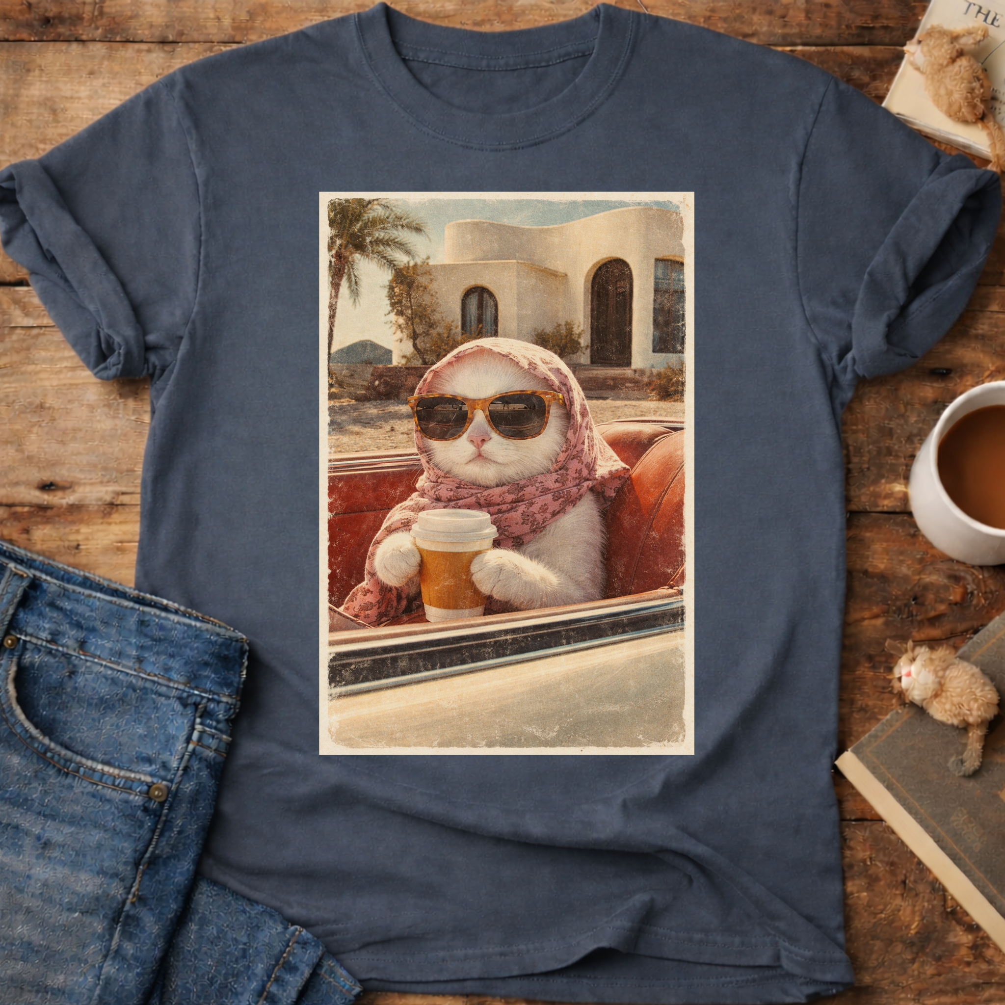 Cat Drinking Coffee Vintage T-Shirt