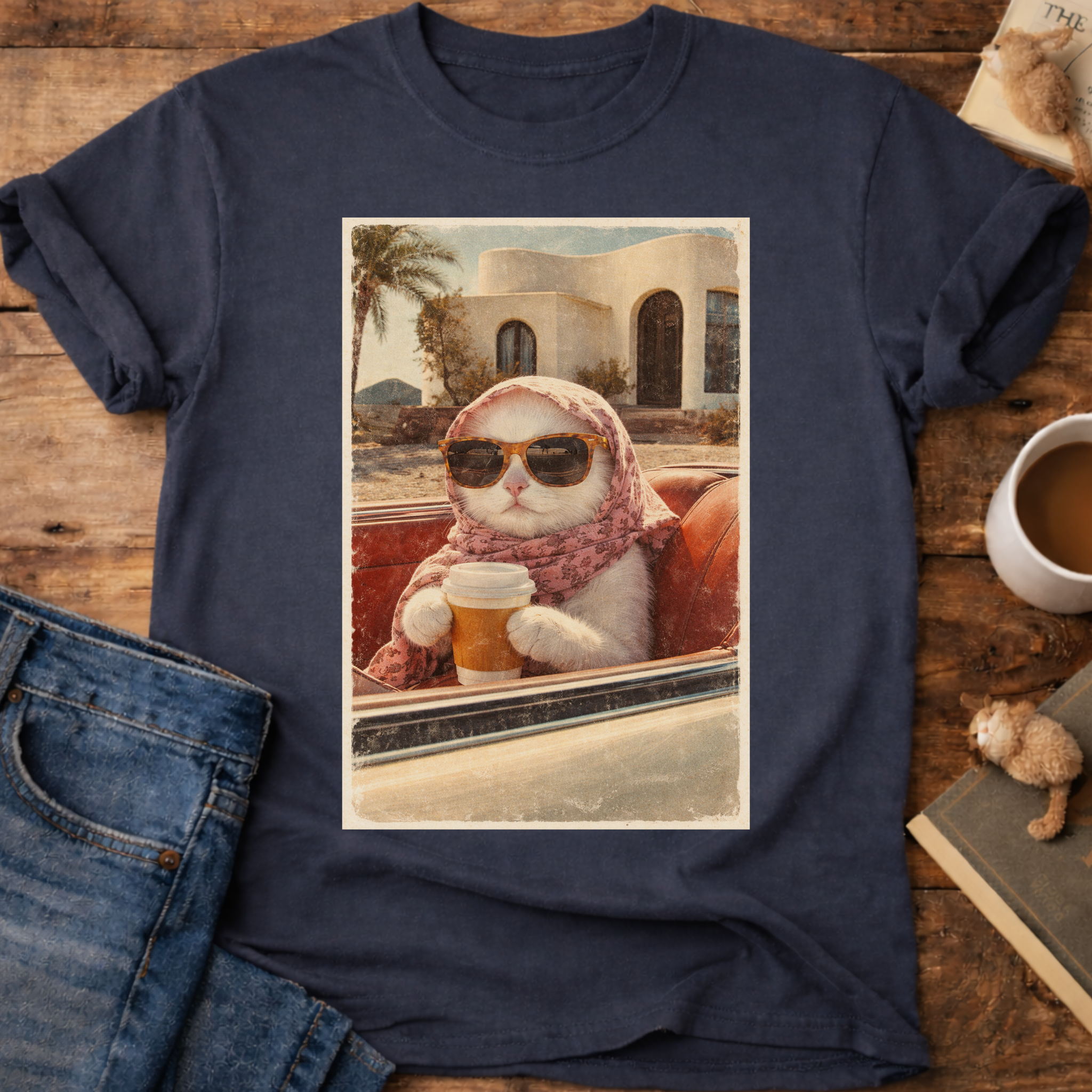 Cat Drinking Coffee Vintage T-Shirt
