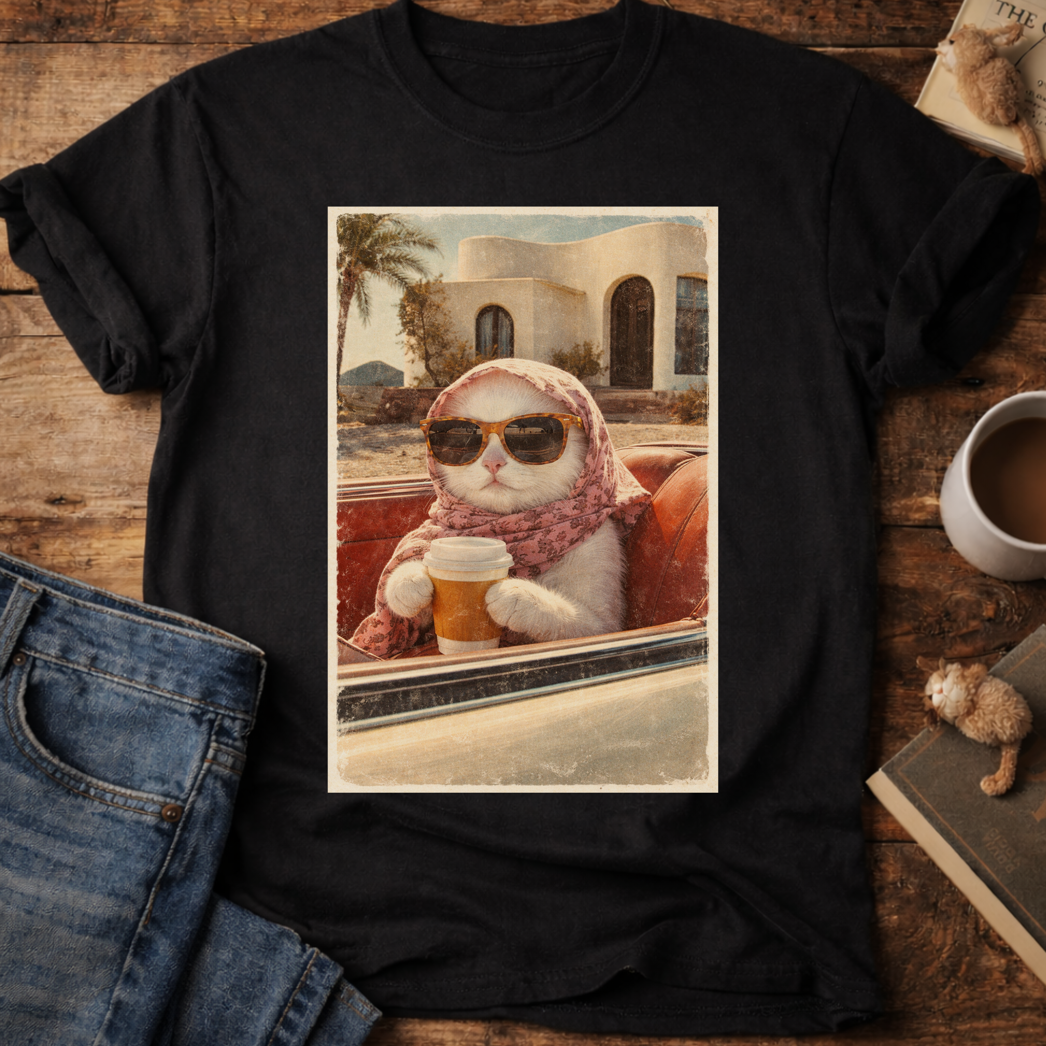 Cat Drinking Coffee Vintage T-Shirt