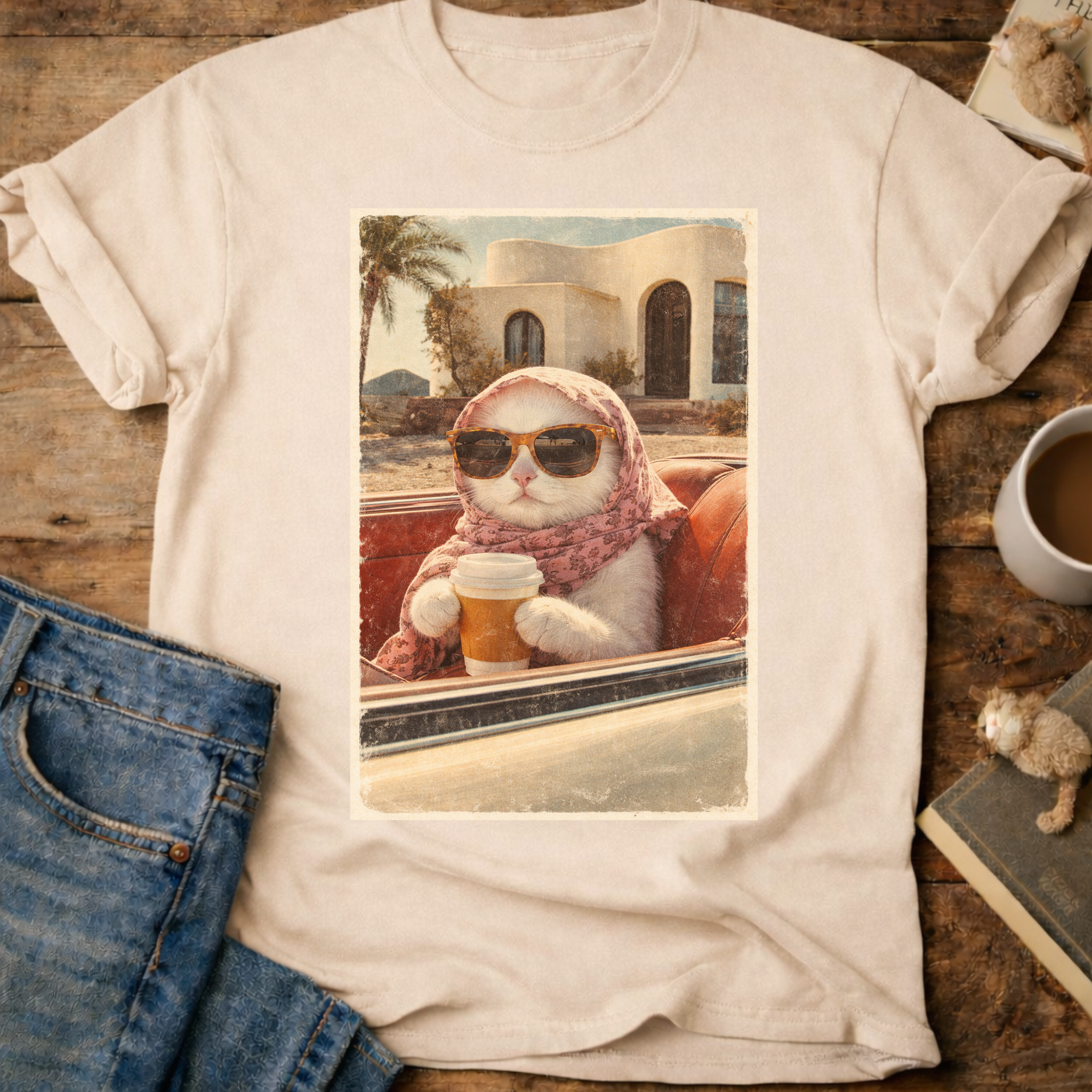 Cat Drinking Coffee Vintage T-Shirt