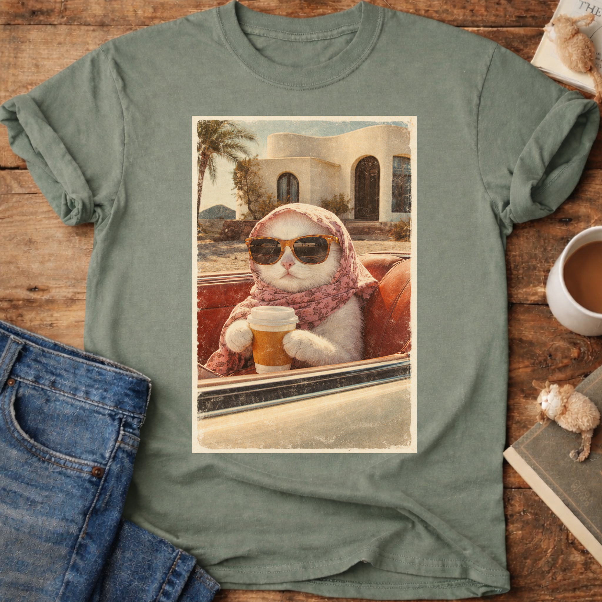 Cat Drinking Coffee Vintage T-Shirt