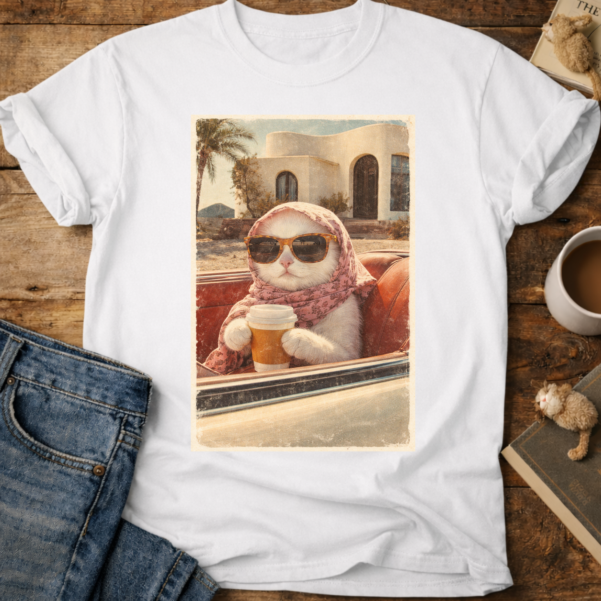 Cat Drinking Coffee Vintage T-Shirt