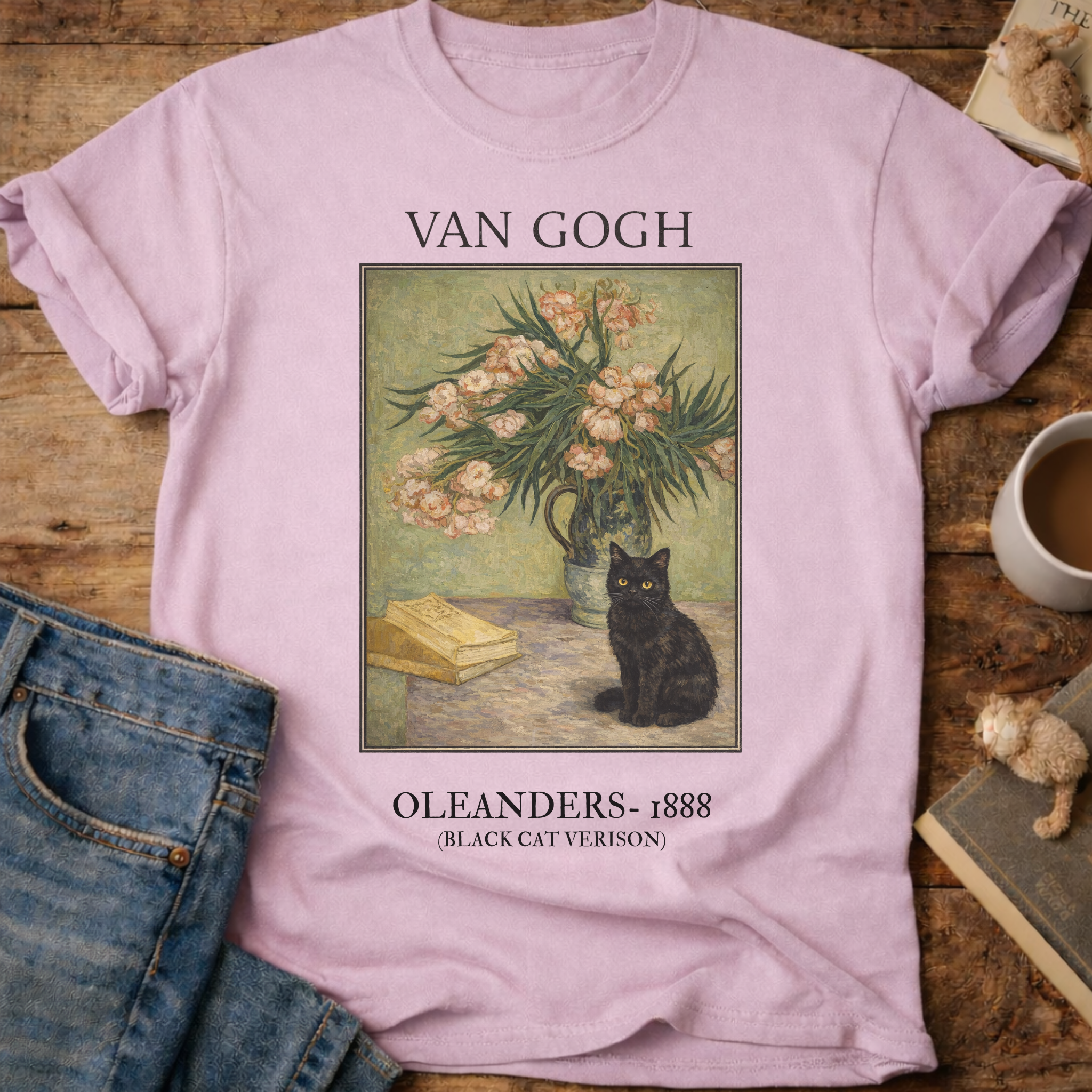 Vintage Art Cat Floral T-Shirt