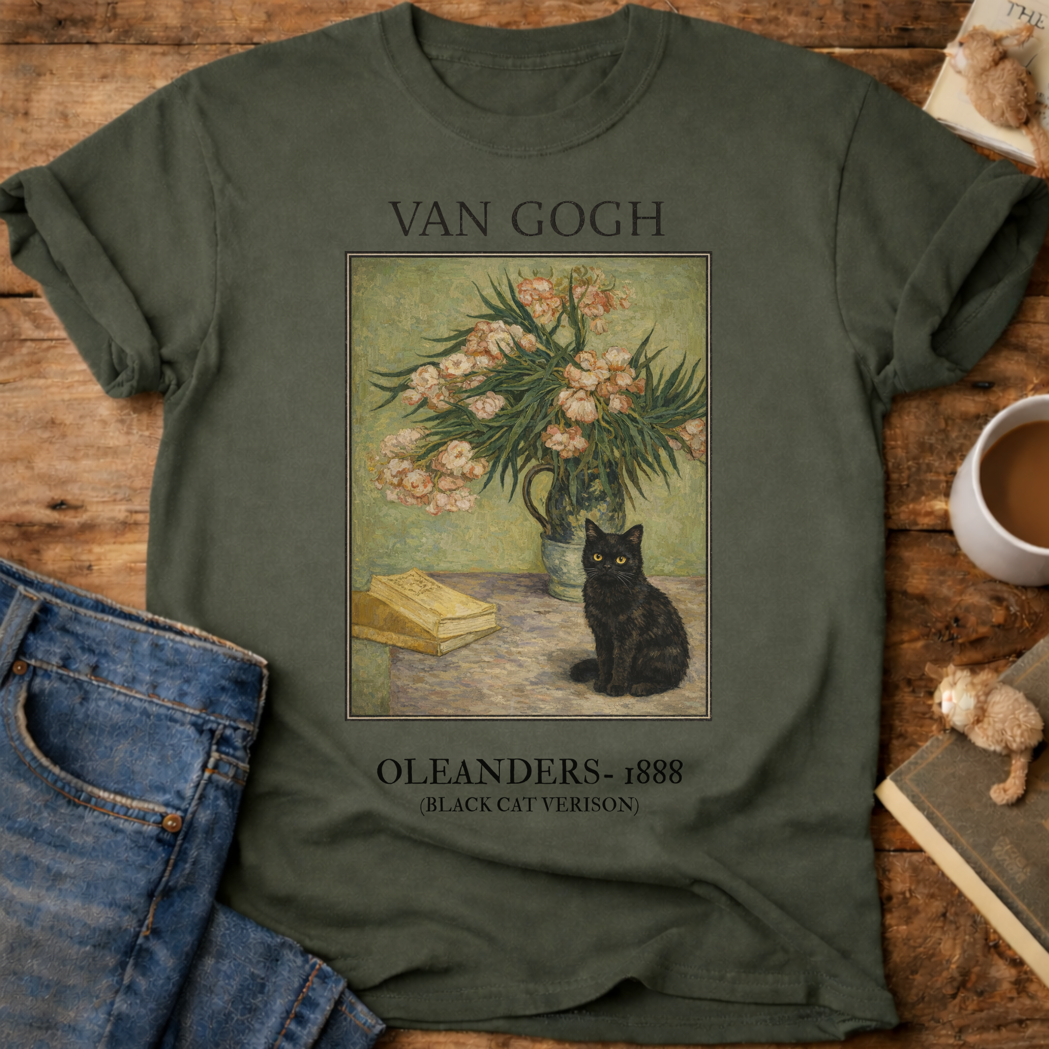 Vintage Art Cat Floral T-Shirt