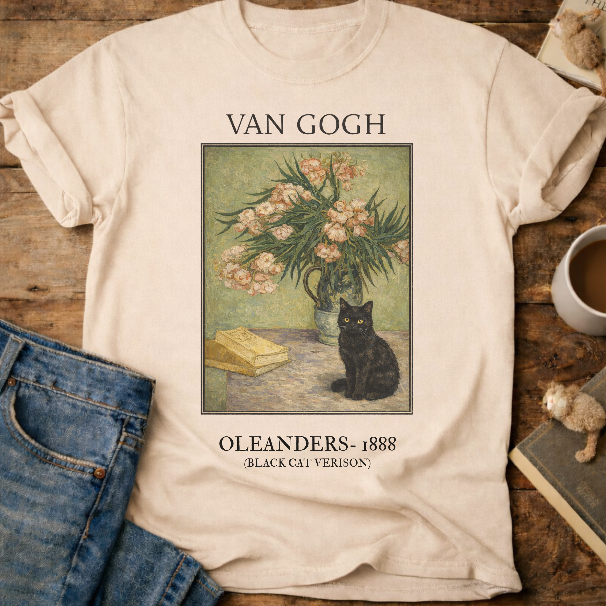 Vintage Art Cat Floral T-Shirt