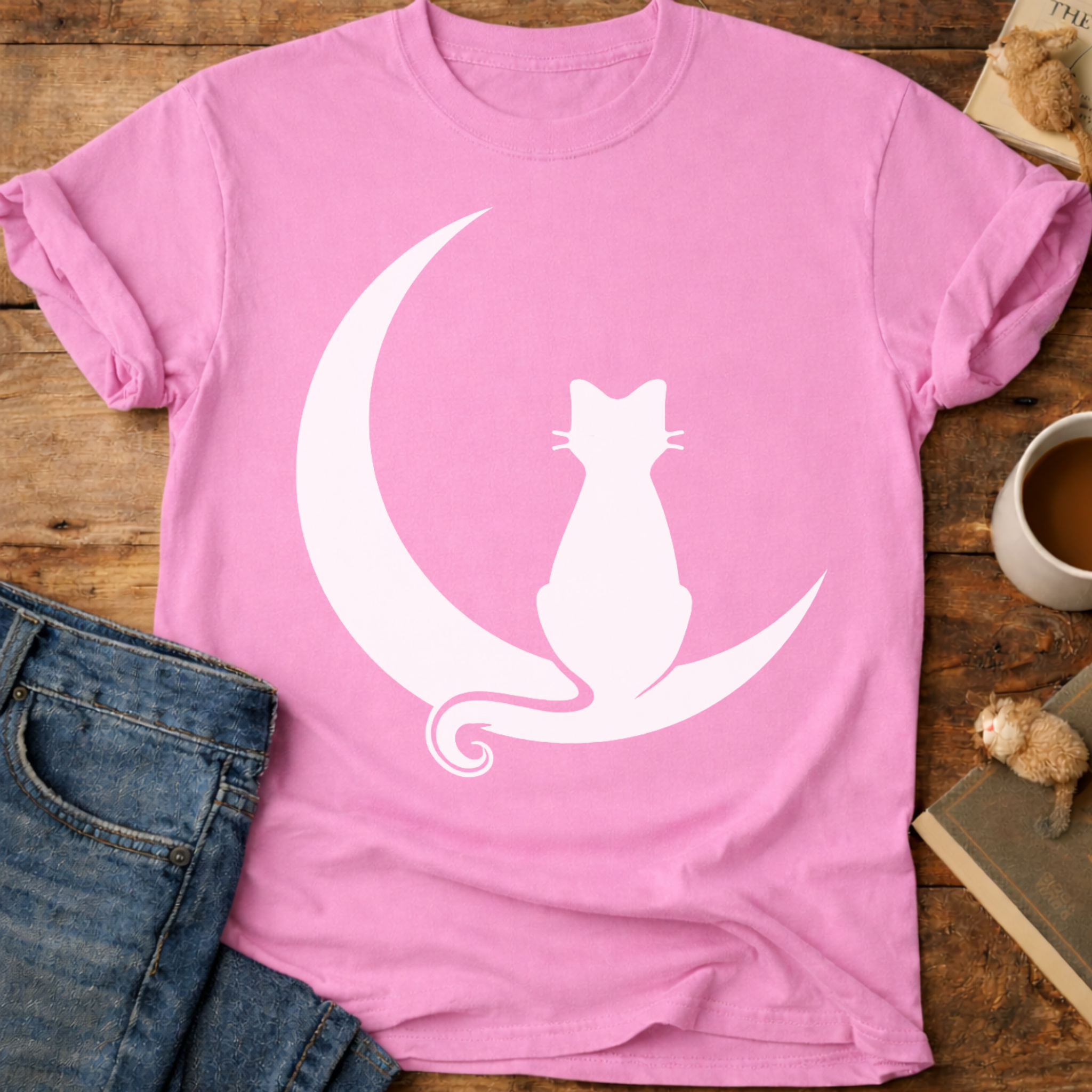 Cat on Crescent Moon T-Shirt