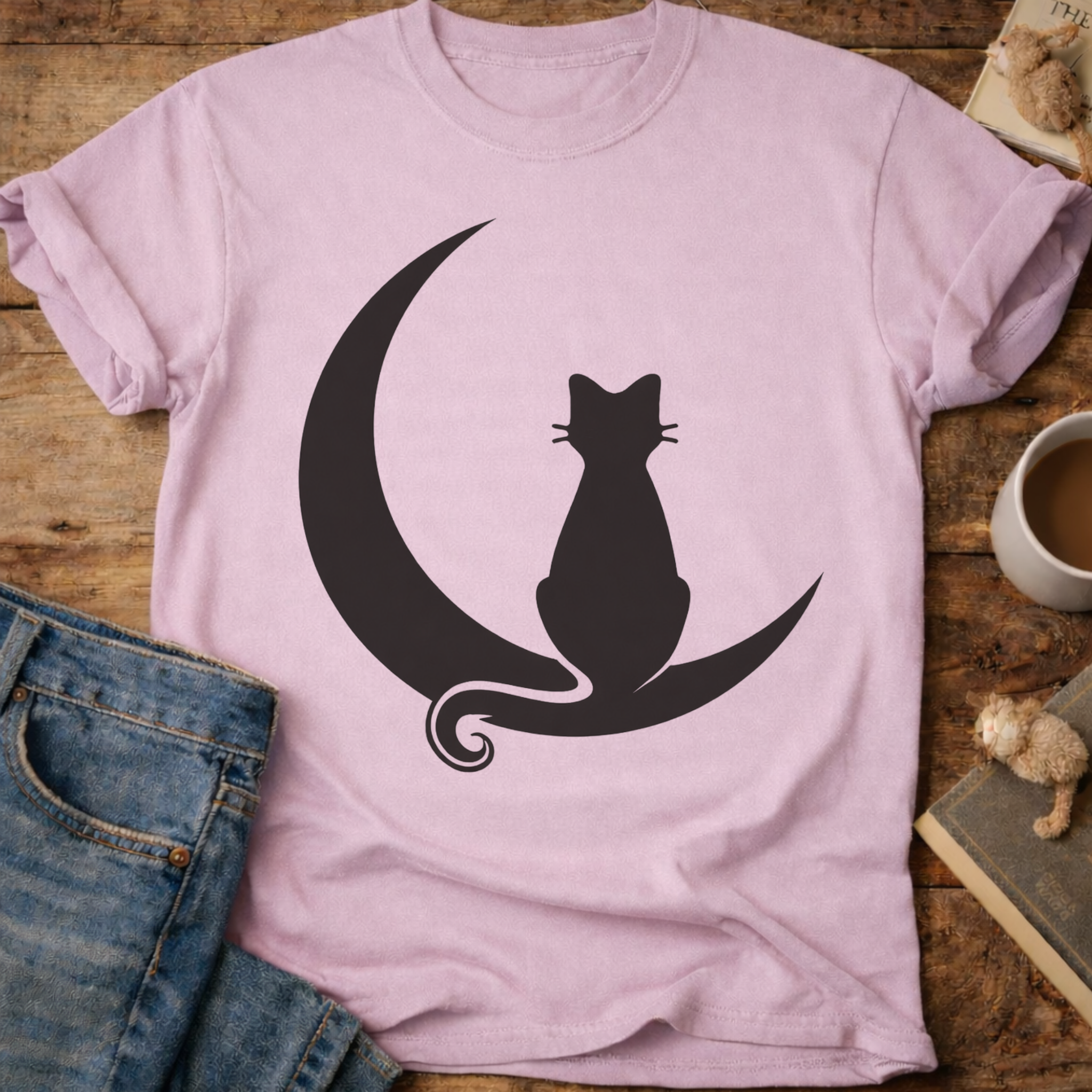 Cat on Crescent Moon T-Shirt