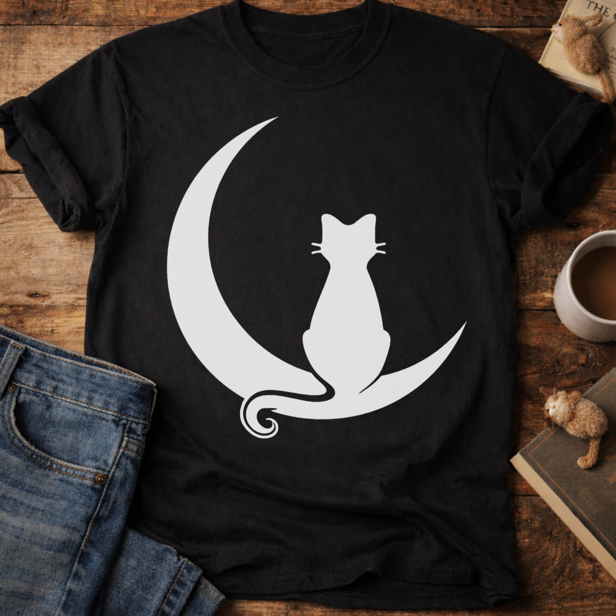 Cat on Crescent Moon T-Shirt