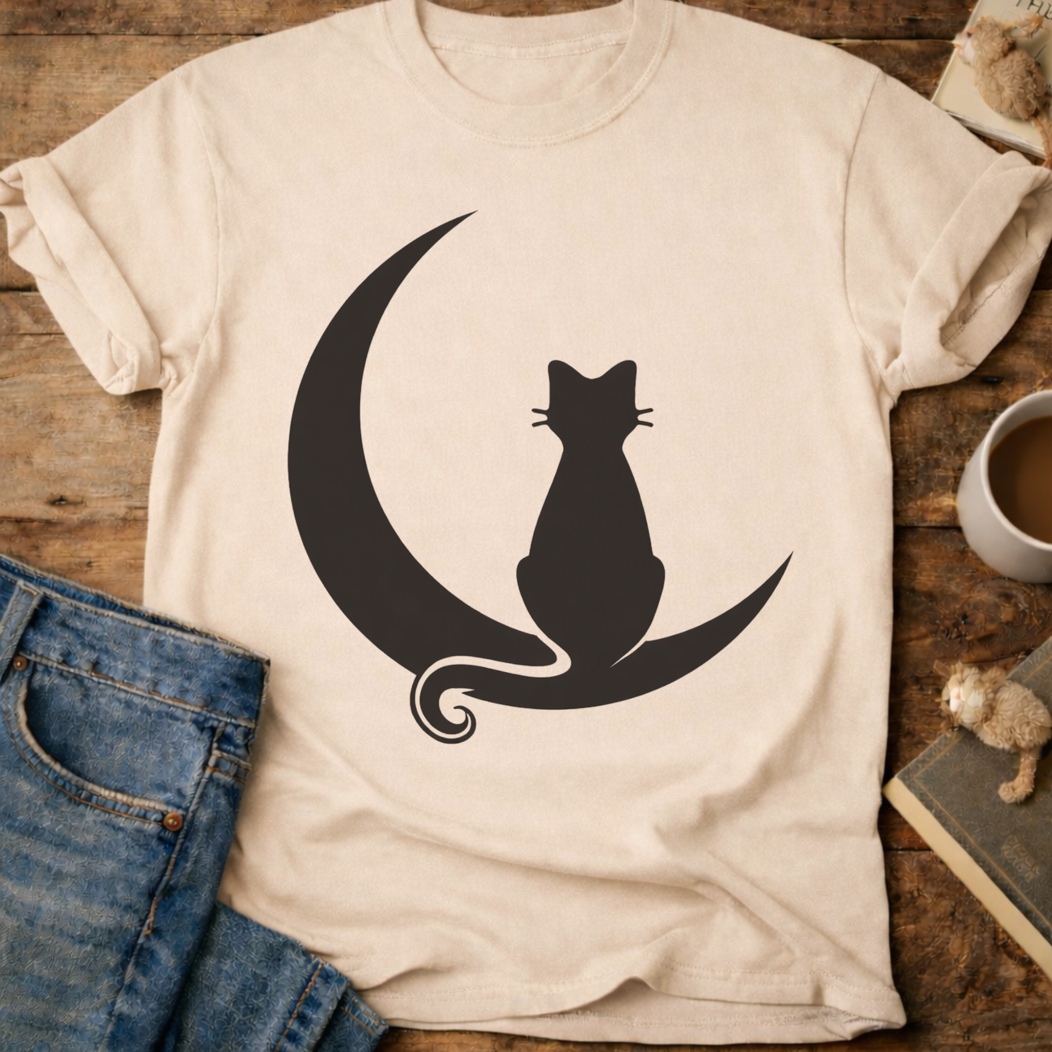 Cat on Crescent Moon T-Shirt