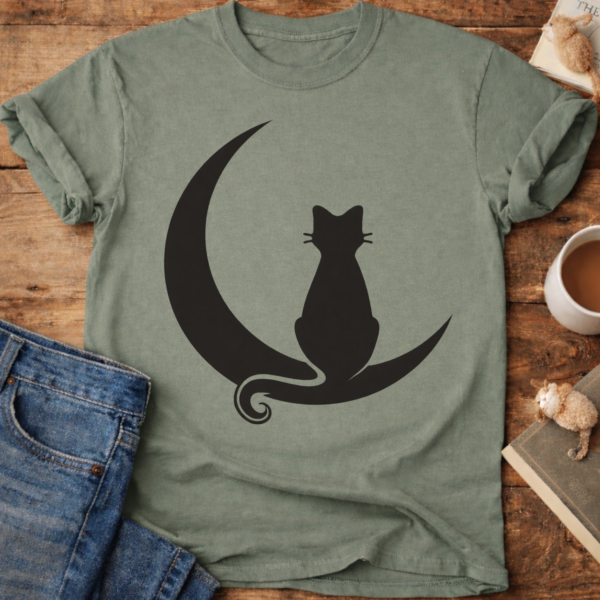 Cat on Crescent Moon T-Shirt